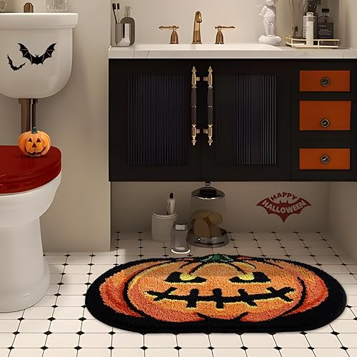 Miniatura 4 de Alfombra de baño de calabaza de Halloween de 20 x 32 pulgadas, suave y absorbente, alfombra de baño de otoño, antideslizante, lavable, decoración de