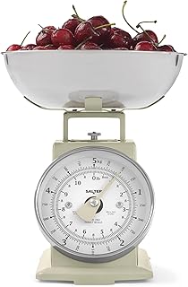 Salter SA00562CFEU12 échelle de cuisine mécanique Timeless – capacité de 5 kg, bol de 1 litres résistant au lave-vaisselle, échelle de cuisson, cadran à grand chiffre facile à lire, 22cm, crème