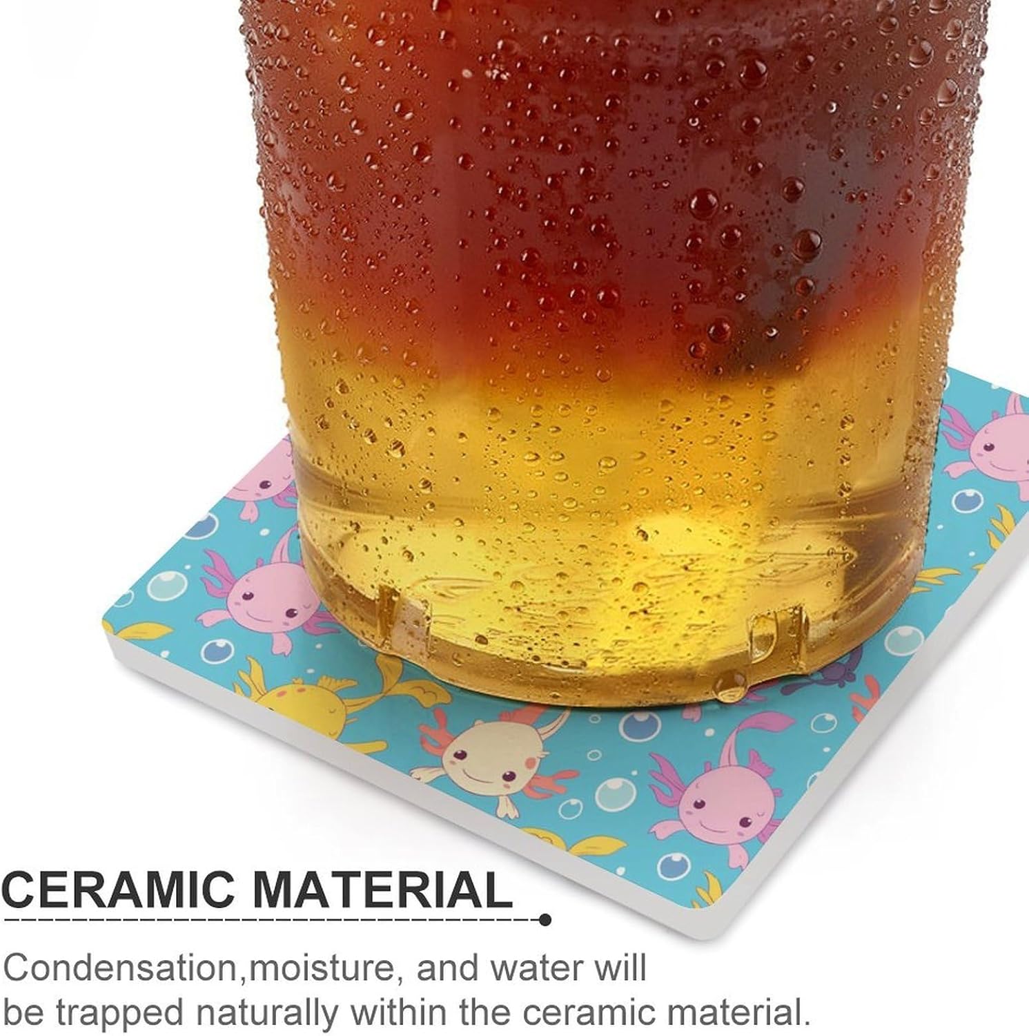 Cute Axolotl Pattern Coaster for Drinks Square Ceramic Table Coasters Stone Mat Crafts 4PCS Home Kitchen Decor