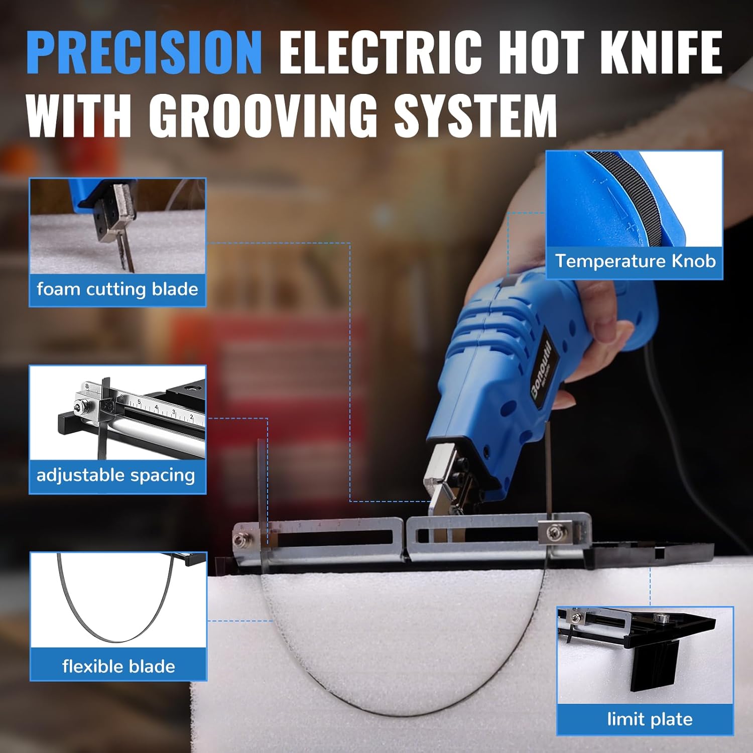 Electric Hot Knife with Grooving Blade Kit 150W 500℃ Craft Shears Foam Cutter for Styrofoam EVA, EPE, XPS, EPP, EPS, KT Board, Sponge