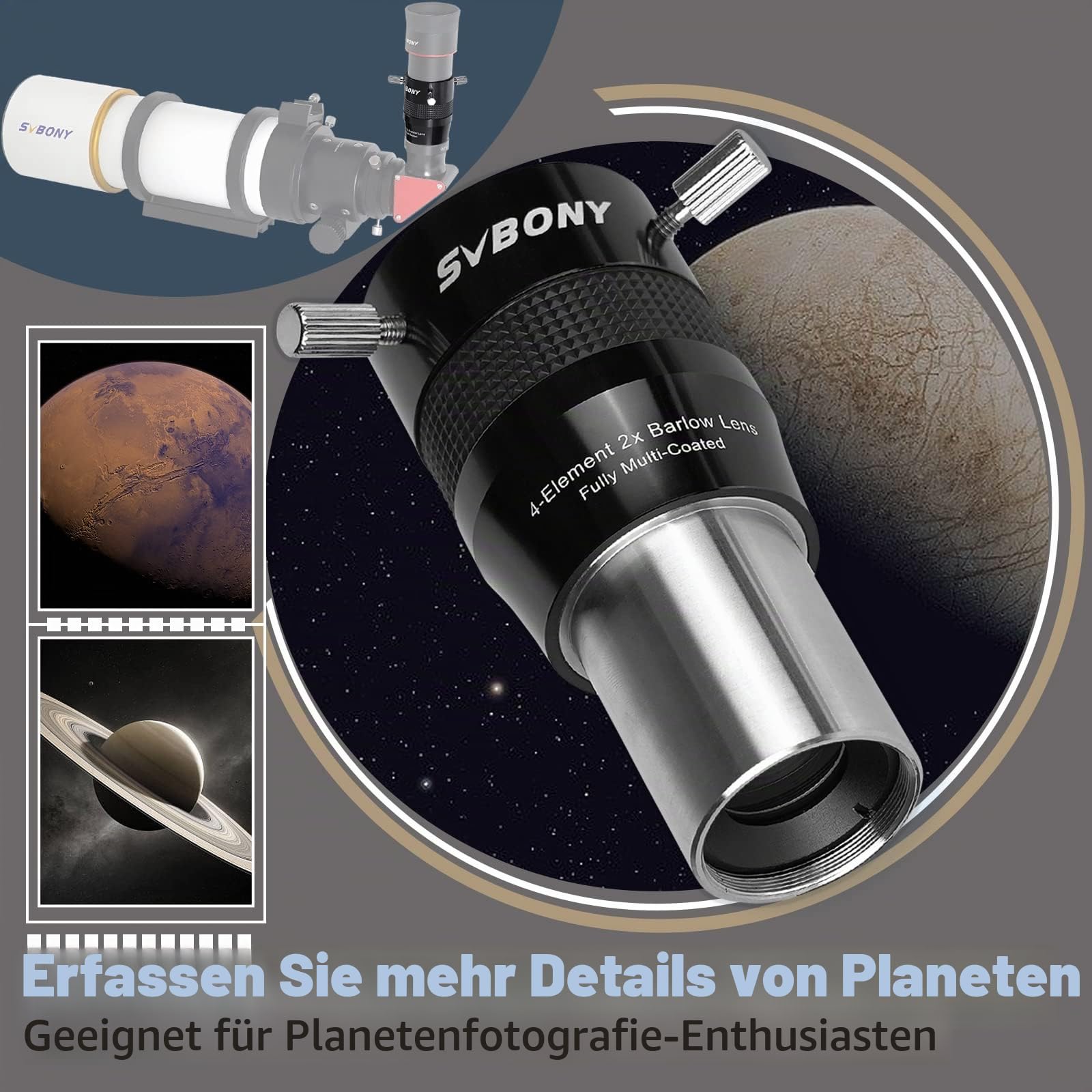 Svbony SV216 Barlowlinse 2X, 1,25 Zoll Metall Barlow 4-Elemente Apochromatisches FMC Teleskoplinse für Planetenfotografie und Beobachtung