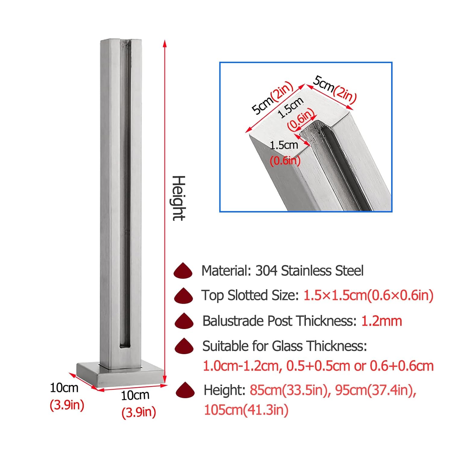 Balcony/Deck Glass Fencing Panels Post, Commercial Stairs Guardrail Posts/Handrail Support Pole, for 10-12 mm Thick Glass, Heavy Duty Stainless Steel