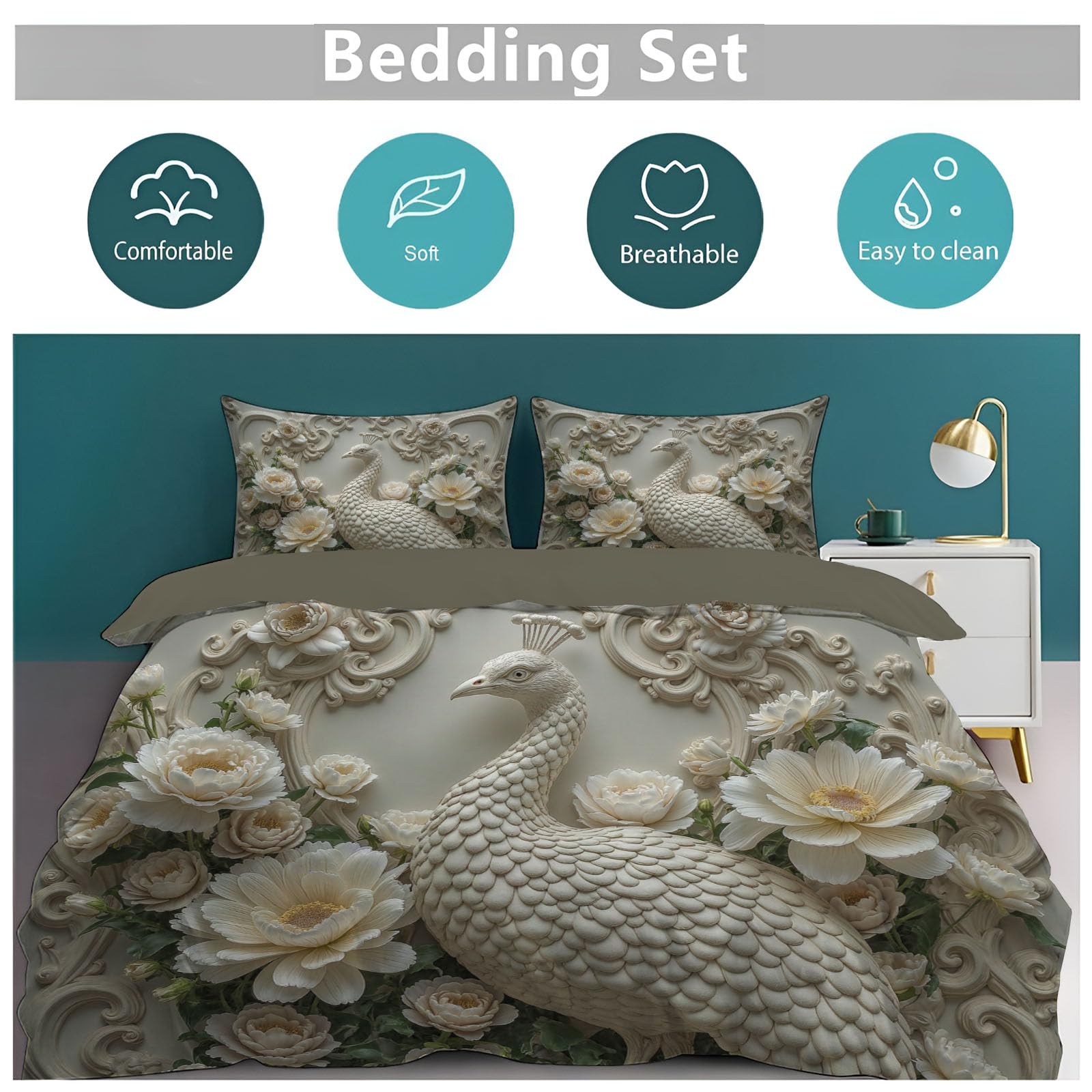 Copripiumino Matrimoniale Pavone Elegante Fiori, Set di Biancheria da Letto Effetto Rilievo Visivo Barocco Rilievo, Copri Piumino 220x240cm con 2 Federe 50x75 cm, Microfibra Morbida Lavabile, Bianco