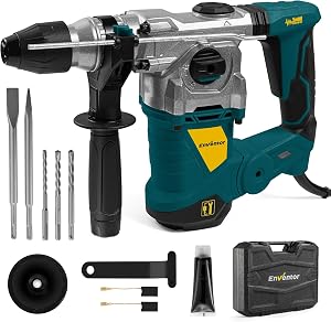 Enventor 1-1/4 Inch SDS-Plus 13A Heavy Duty Rotary Hammer Drill for Concrete Stone, Safety Clutch Electric Demolition Hammer Drill with 4 Functions, Vibration Control, Chisels, Drill Bits