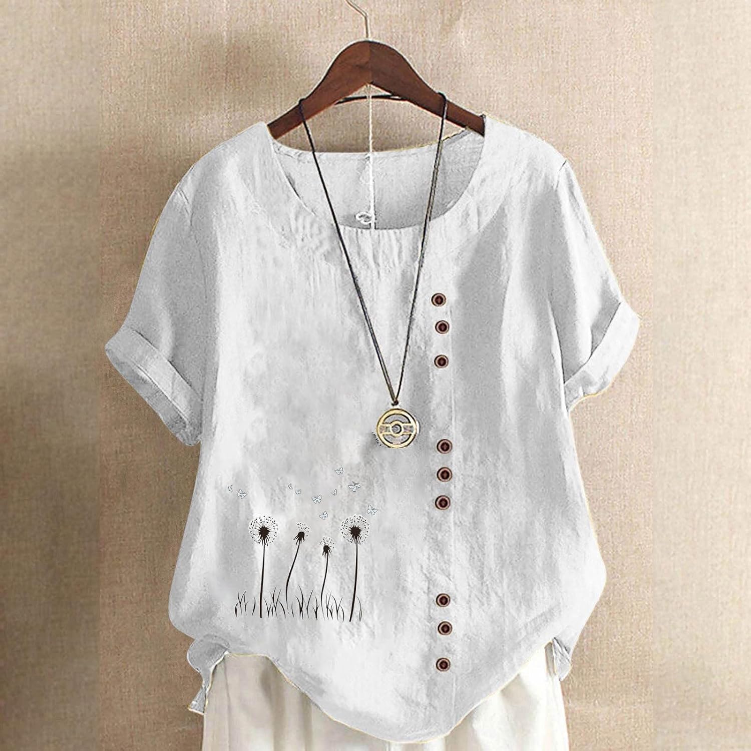 Linen Boho Tops for Women Floral Print Roll Up Scoop Neck Blouses Summer Beach Lightweight Casual Beach Shirt
