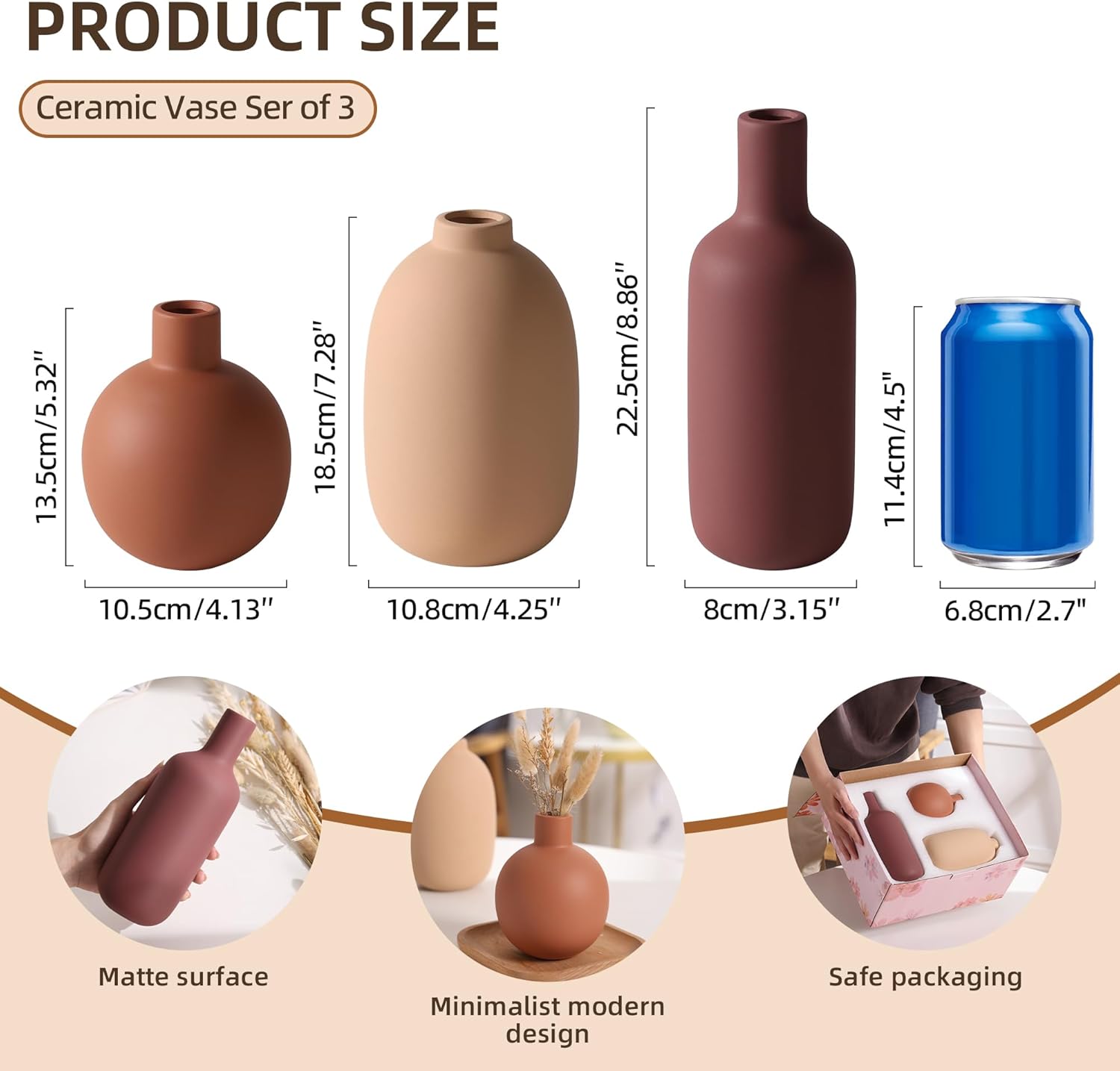 Ceramic Modern Vase for Home Decor Farmhouse Vases Set of 3 Terracotta Decorative Pottery Boho Vases for Pampas Grass Living Room Kitchen Bedroom Entryway Mantel Decor