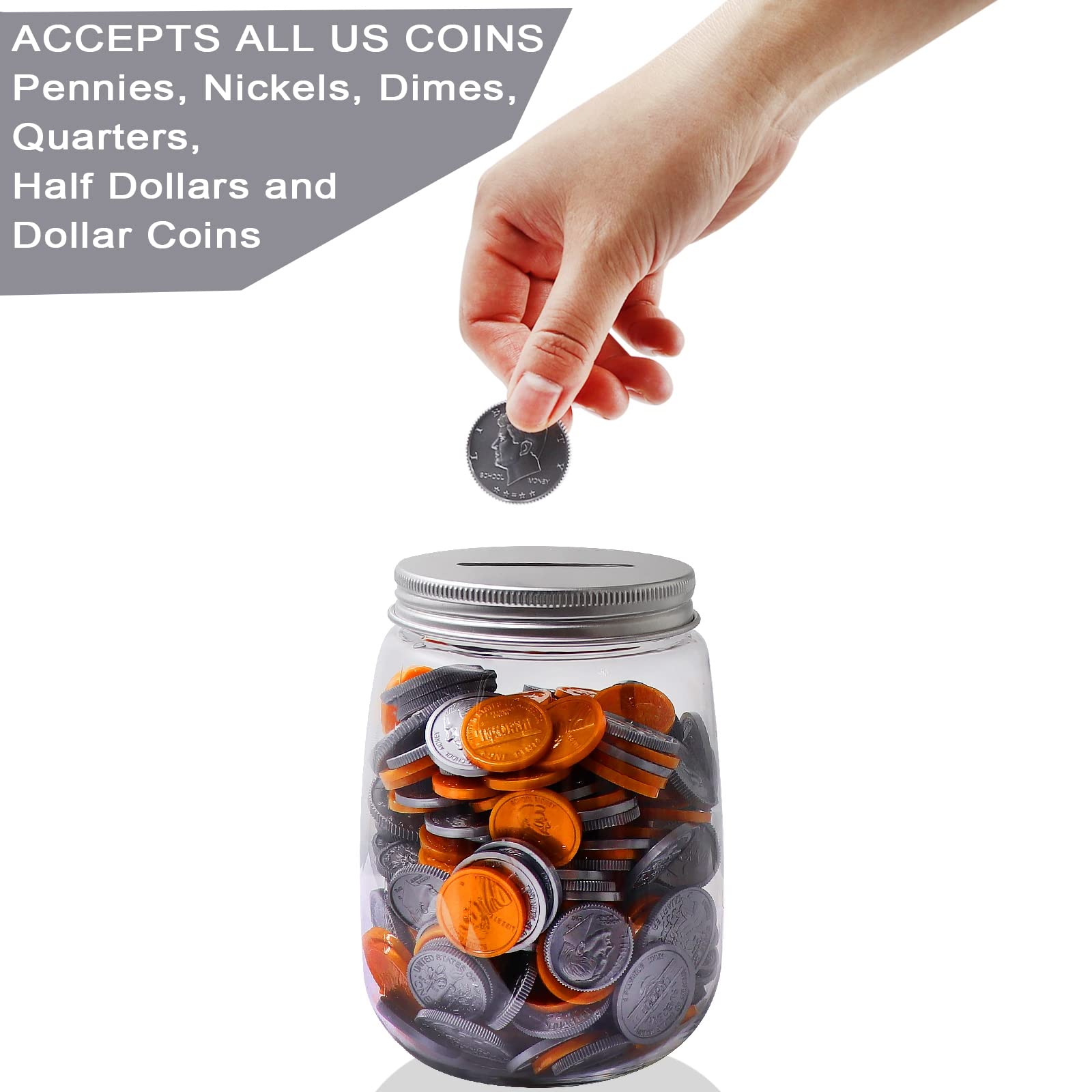 Tarros pequeños de plástico transparente para monedas, paquete de 4, 16 onzas con tapas ranuradas plateadas, alcancías transparentes para adultos, adolescentes y niños 3