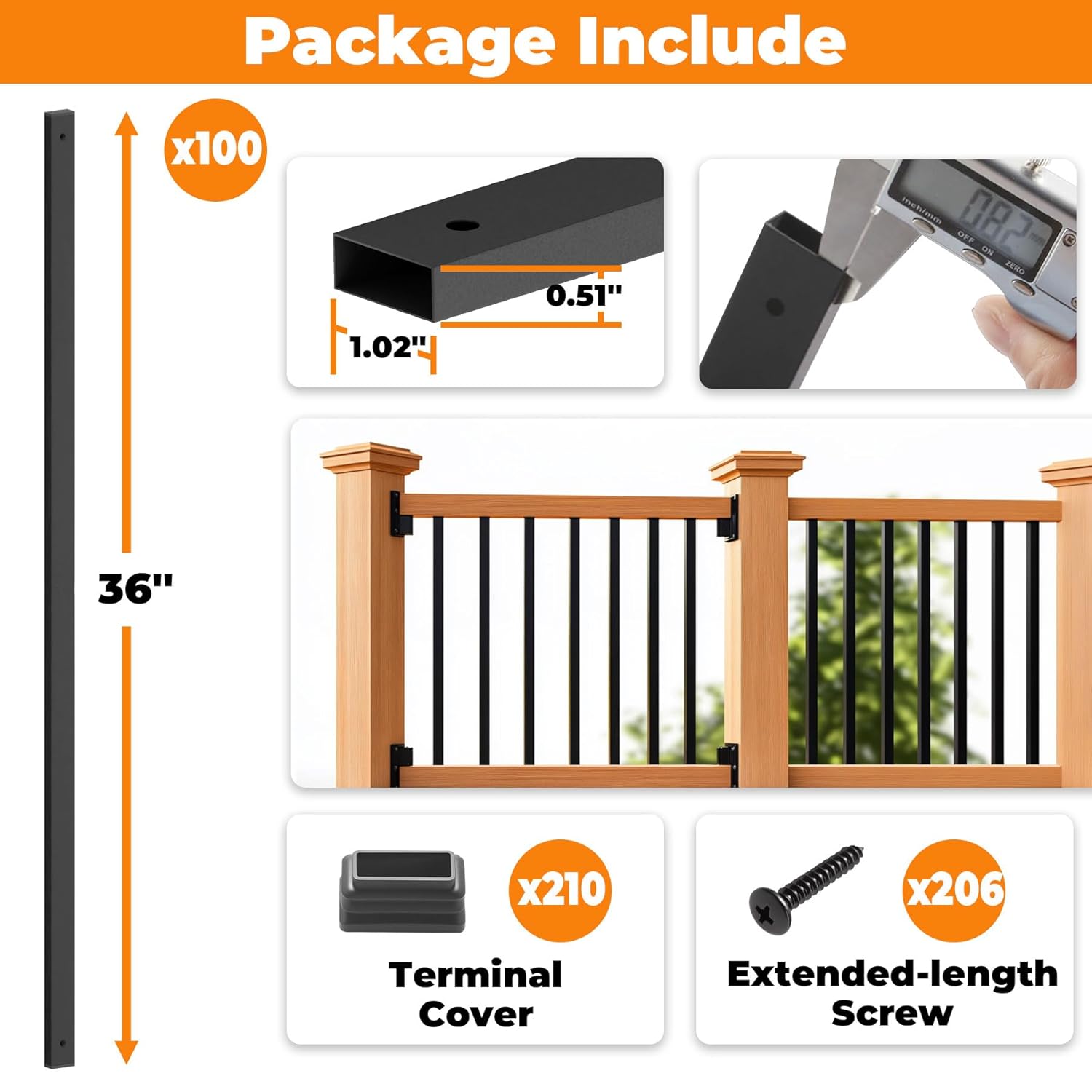 Sidasu 100 Pack 36 Inch Black Metal Deck Balusters, Hollow Rectangular Stair Spindles with End Caps & Screws, Side Mount Railing for Decks, Porches, Fences, Stairs