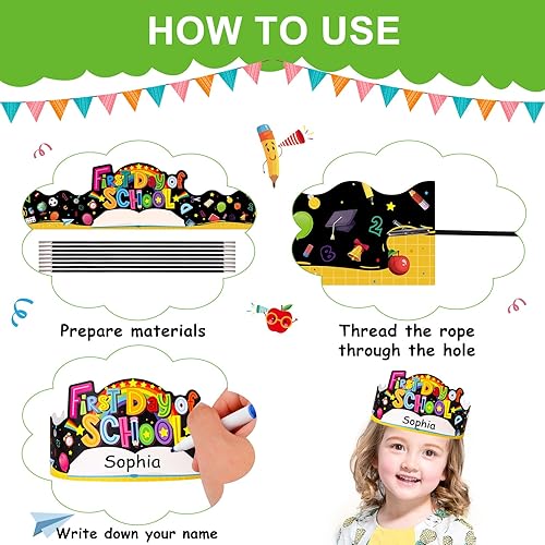 Miniatura 6 de SICOHOME Decoraciones de coronas de papel para el primer día de escuela, 24 unidades, sombreros de papel ajustables, suministros de regreso a clases