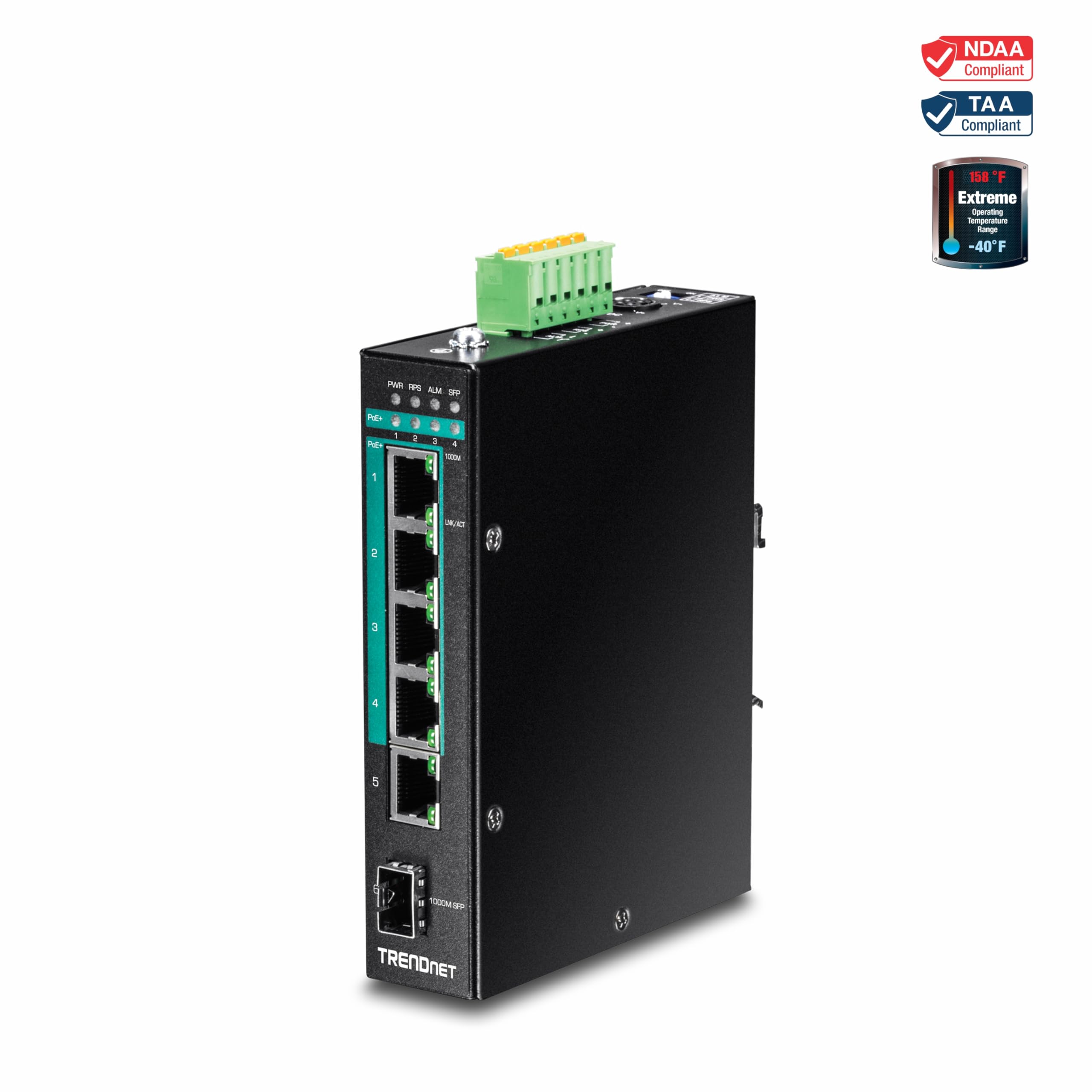 TRENDnet, TI-PG541i, Switch DIN-Rail administrado de Capa 2 PoE+ Gigabit Industrial Reforzado de 6 Puertos, 4 Puertos Gigabit PoE+ 802.3at, 1 Puerto Gigabit, 1 Ranura SFP Gigabit, Consumo de 120 W