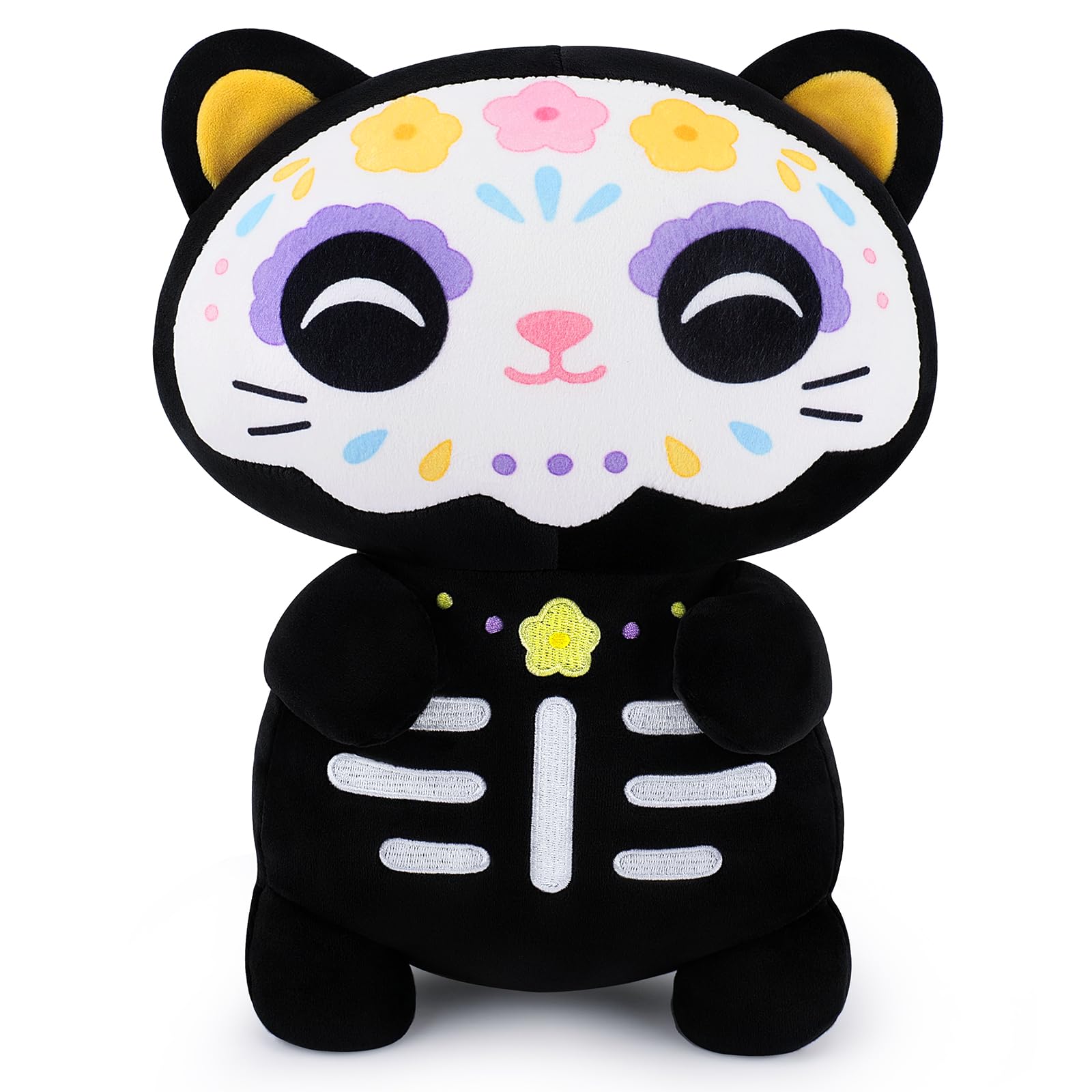Stuffed Cat Halloween Plush Pillow Sugar Skull Decor Stuffed Black Cat, Day of the Dead Decoration Skeleton Kitten