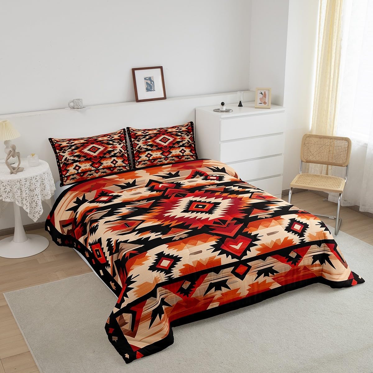 Feelyou Boho Comforter Set Queen Size Southwest Native American Design Comforter Southwestern Geometric Bedding Set Western Decor Duvet Set Room Decor Hot Orange Quilt Set - Image 2