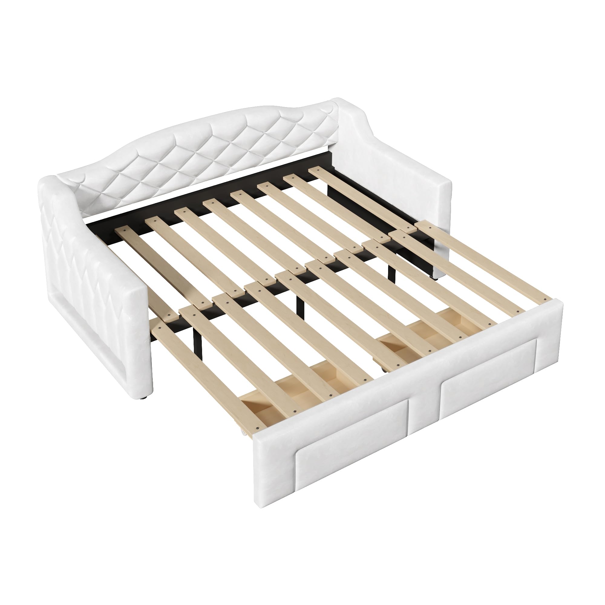 Canapé Lit 90x200cm avec Lit Gigogne, Banquette Lit 90/180x200 cm avec LED, 2 tiroirs, Canapé lit 2 Places Convertible Multifonctionnel, sommier à Lattes, Extensible, sans Matelas,Blanc