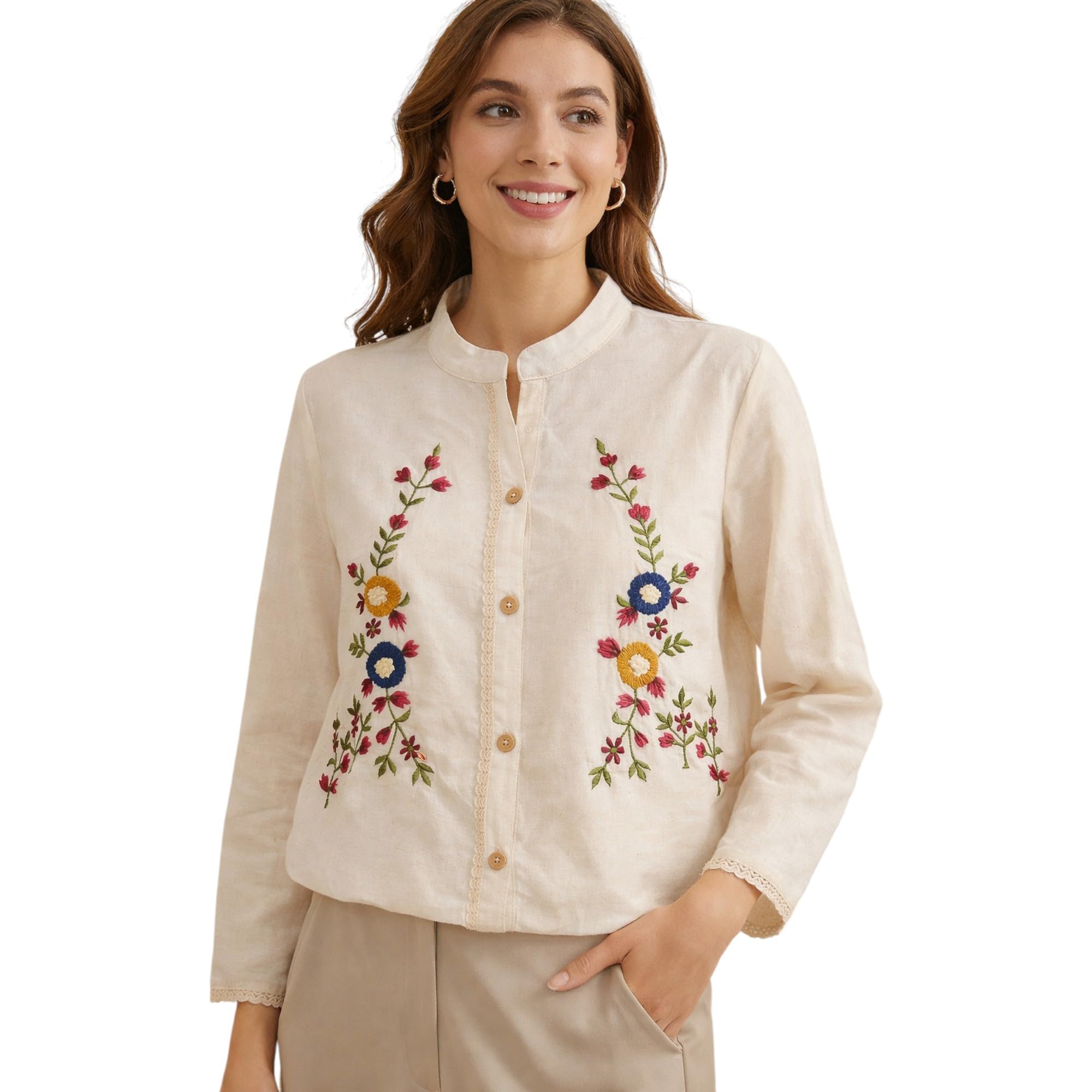 rieka Women?s Off White Cotton Shirt with Multicolour Floral Embroidery Button Down Mandarin Collar Relaxed Fit Casual Wear Top (RS-TOP-64)-picture-34