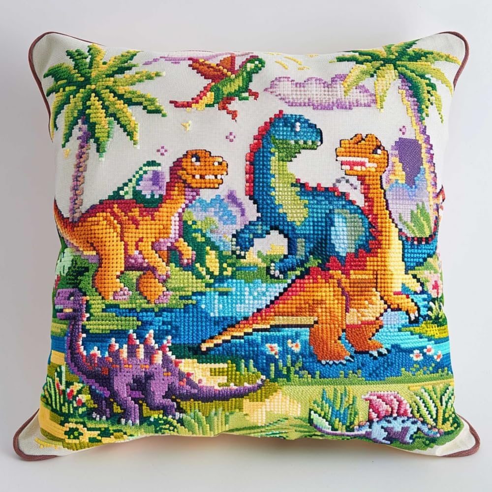 Kitquiver Latch Hook Kit Cushion Cartoon Dinosaur Pillowcase/Cushion Cover Making Kits Statement Rug，Latch Hook Kits for A Starter Project DIY Latch Hook Kits 43x43cm, 1TZ4001AU