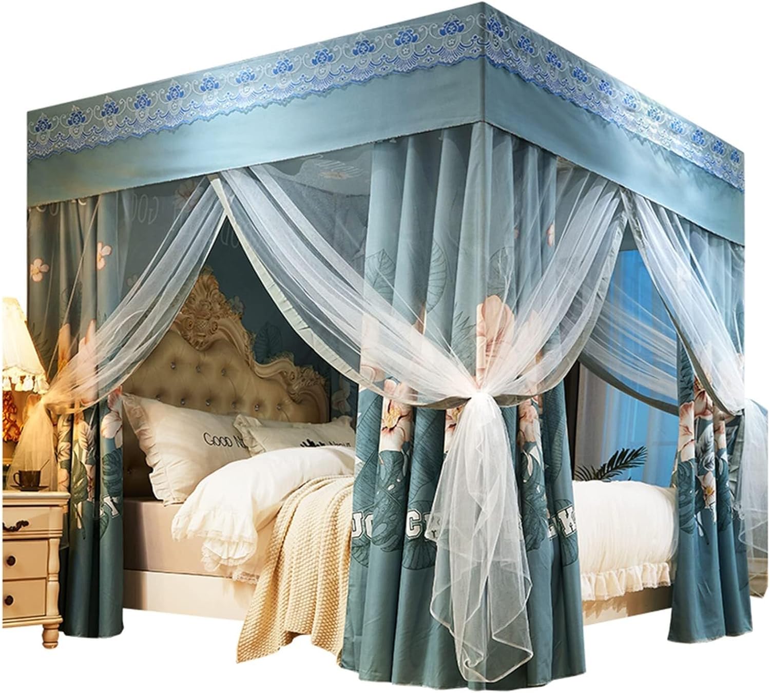 Bed Curtain with Mosquito Net, Double Layer Four Poster Canopy, Exquisite Bedroom Decoration, Blackout Privacy with Hole Mesh Design,59.1
