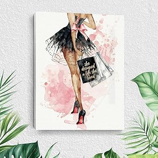Fashion Women Canvas Wall Art, Pink Watercolor Women and Handbag Framed ...