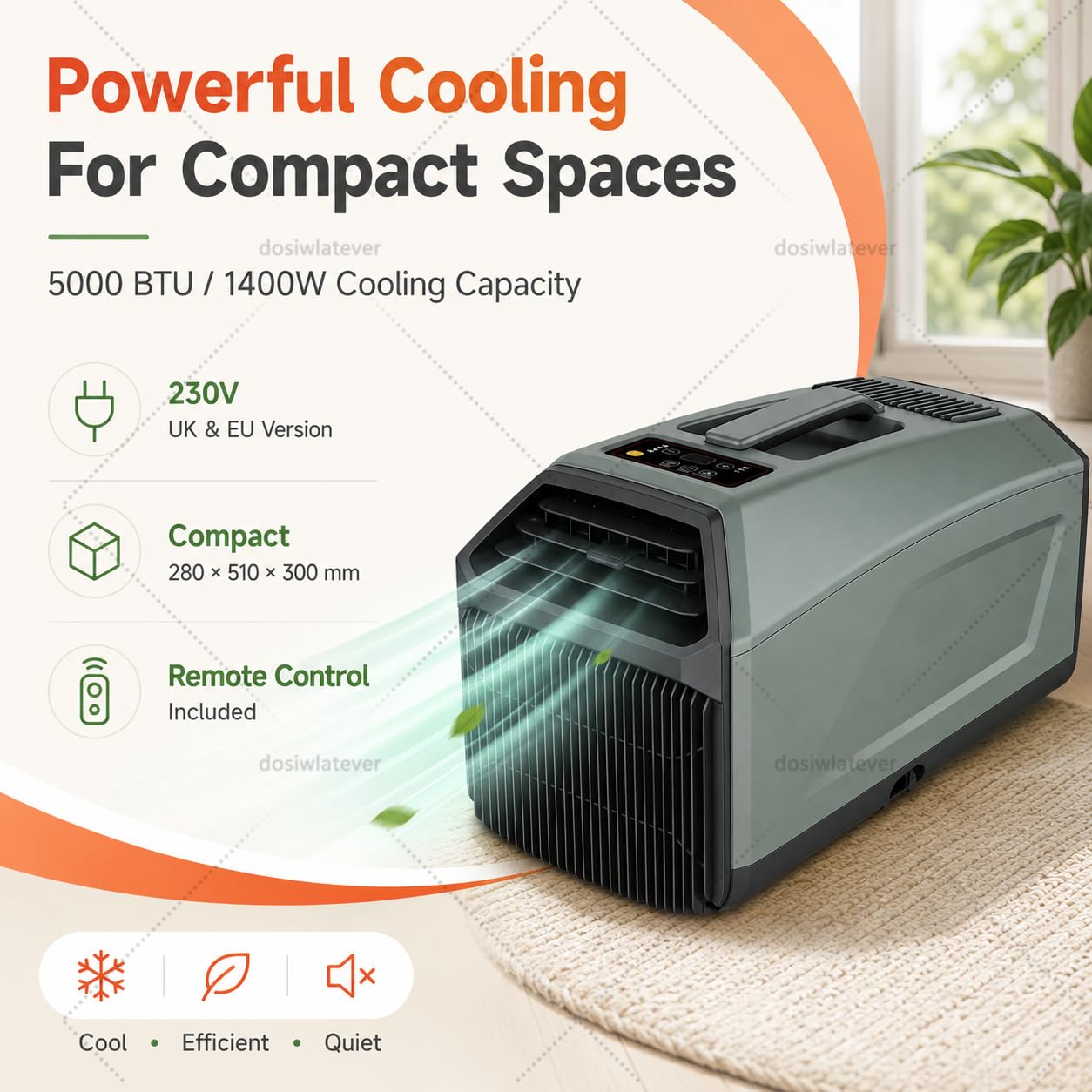 Aire acondicionado portátil 5000 BTU 230V, nueva versión 2026 más silenciosa, ideal para habitaciones pequeñas hasta 10㎡, para espacios reducidos, uso en dormitorio, oficina o camper Grey
