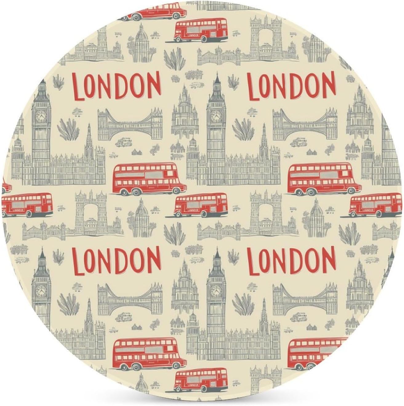 London English Round Ceramic Coasters Print Drinks Absorbent with Cork Base for Home Decor Gifts 4 Inch