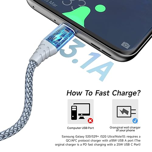 Miniatura 3 de Paquete de 4 cables USB C de carga rápida de 10 pies 3.1 A, cable de carga USB tipo C, cable de carga de nailon trenzado compatible con Samsung