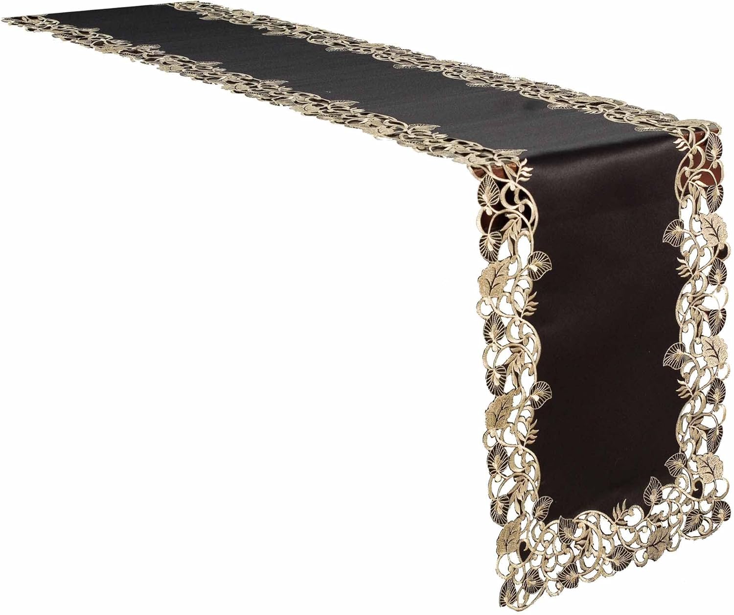 DECOZEN Gold Lace Black Christmas Table Runner – Embroidered Dining & Dresser Decor Scarf for Holiday Tables, Weddings & Parties – 14 x 108 in Elegant European Falling Tarantino Collection, Gift Idea