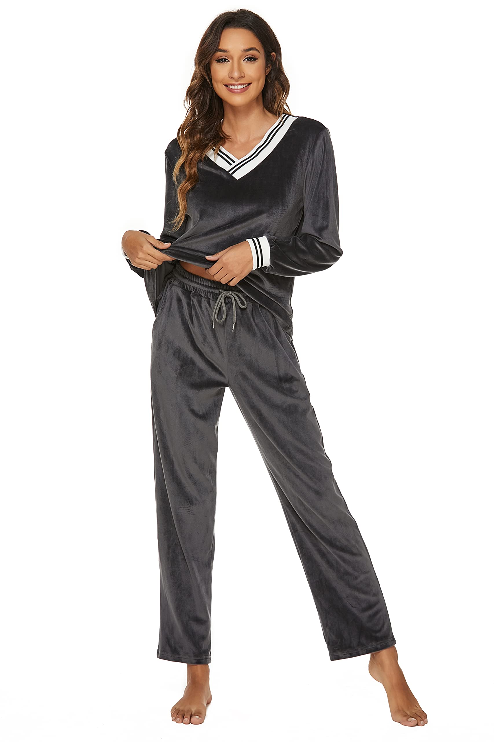 Welurowy dres treningowy, damski piżama, dwuczęściowy dres do biegania, dres sportowy, zimowy dekolt w serek, sweter i spodnie, komplet piżamowy Nicki, szary, S