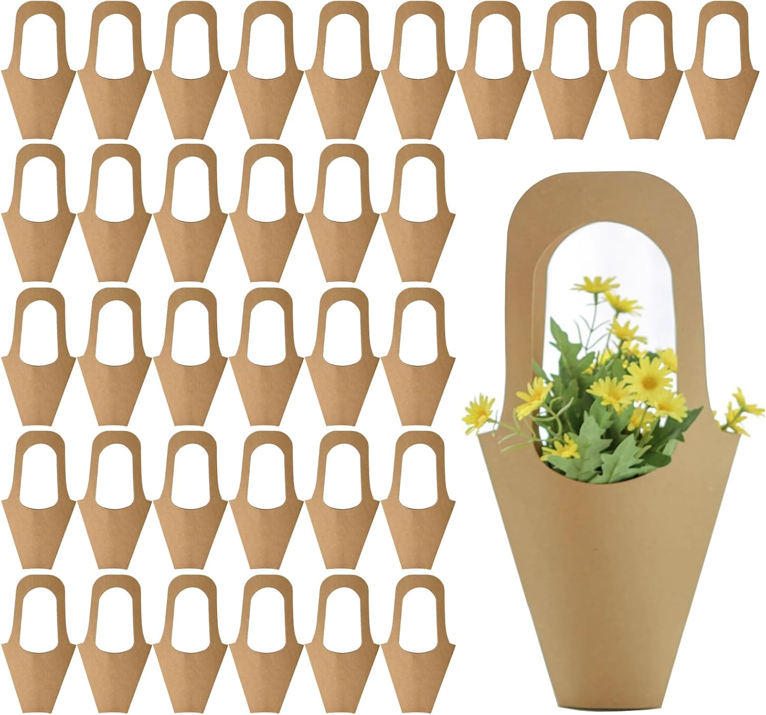 llqjjhh 50 Pcs Kraft Paper Flowers Gift Bags, Flower Bags for Bouquets with Handle，for Wedding，Flower Bar Supplies，Home Decoration （Brown）