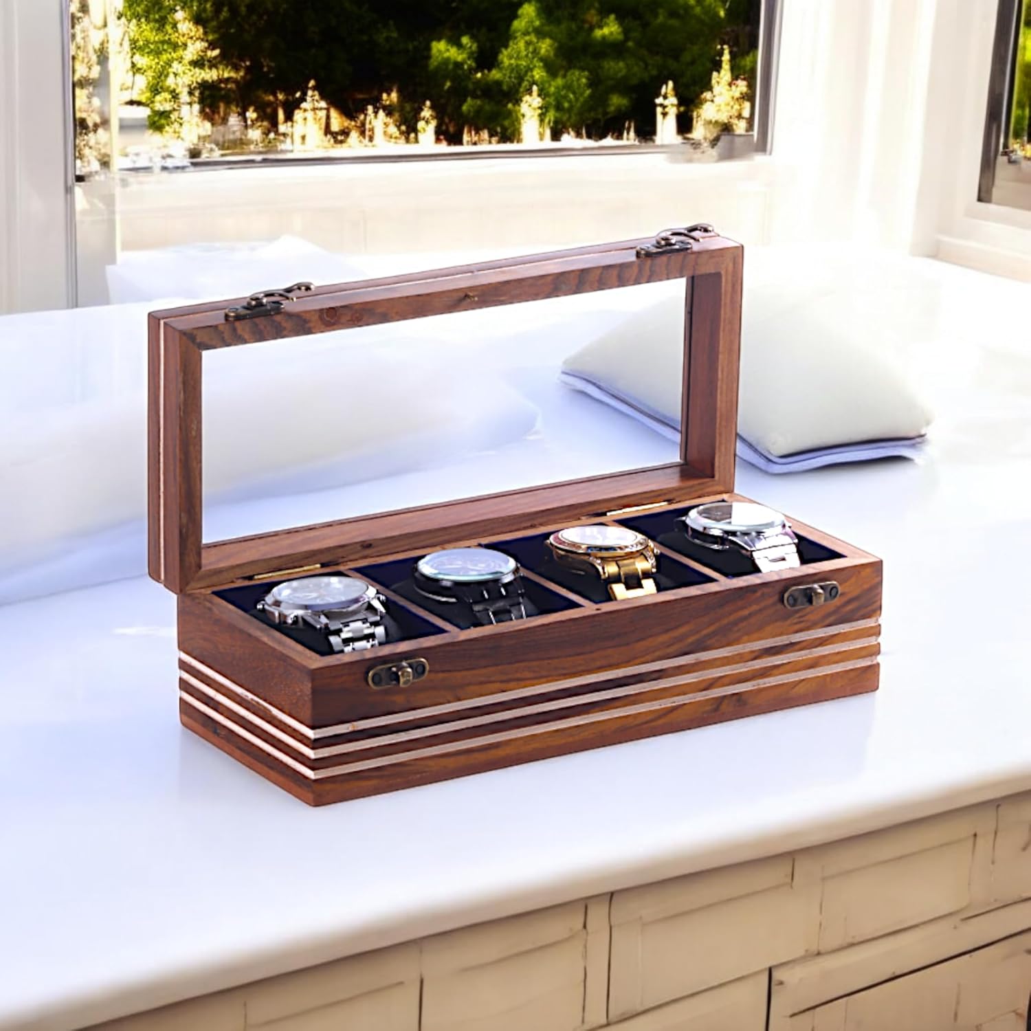 Watch box for women & men, Wooden organizer, Handmade Holder For Men, Custom Valet Box with Brass Lock, Christmas, Anniversary, Valentine;s Day, Father’s Day (Dark Brown 4 Slots)