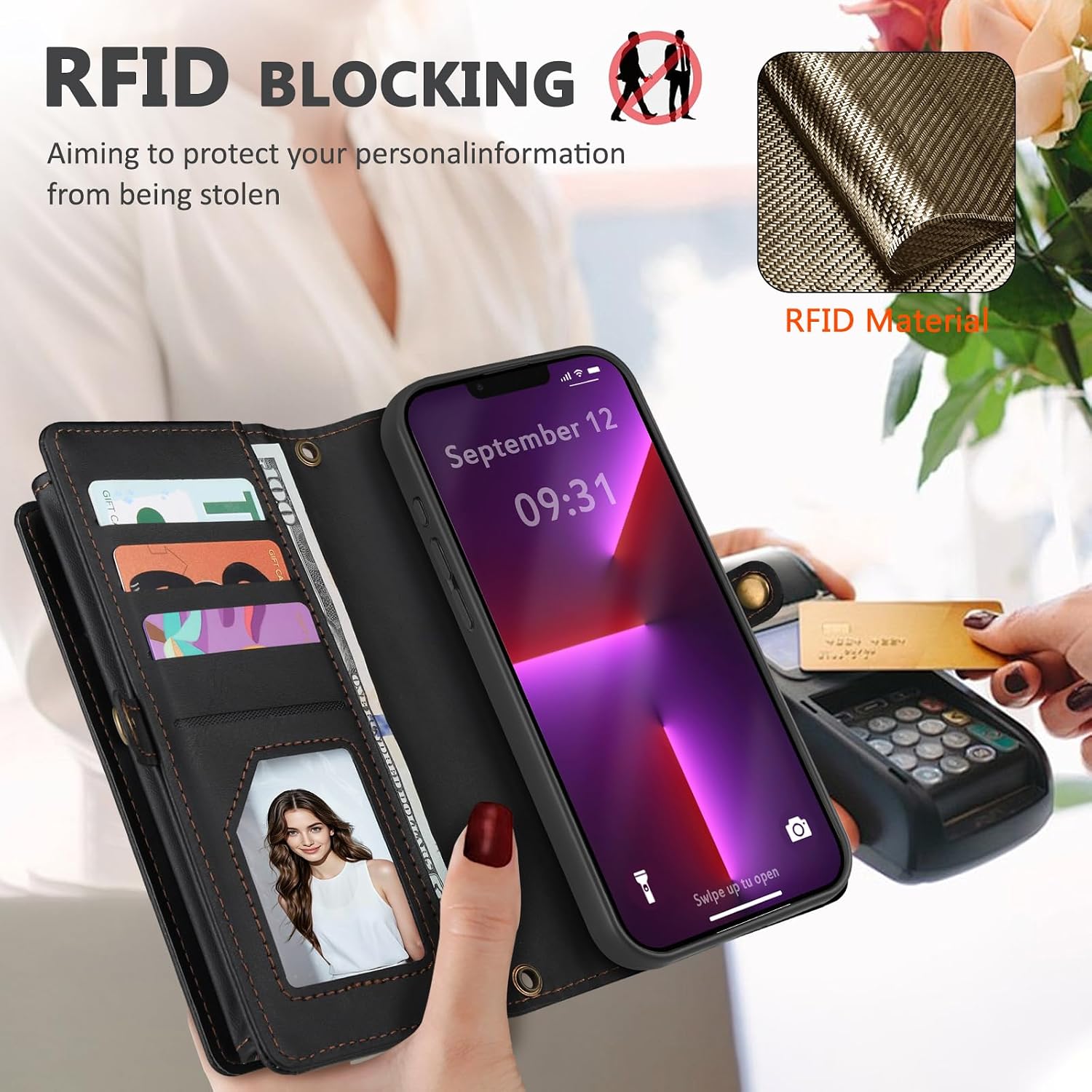 for iPhone 13 Pro Max Wallet Case, Detachable Magnetic Phone Case,Faux Leather Strap Wallet,with RFID Blocking，Zipper Card Holder，Shoulder Straps (Black)