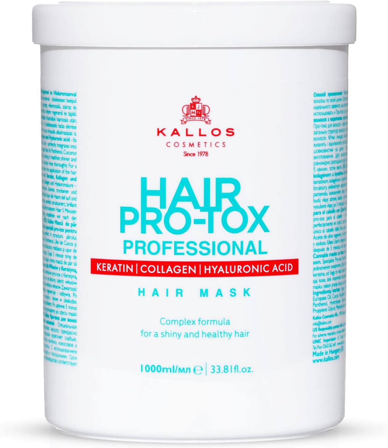 Kallos Cosmetics Pro-tox Hyaluronic Keratin Hair Mask For Damage, 1L