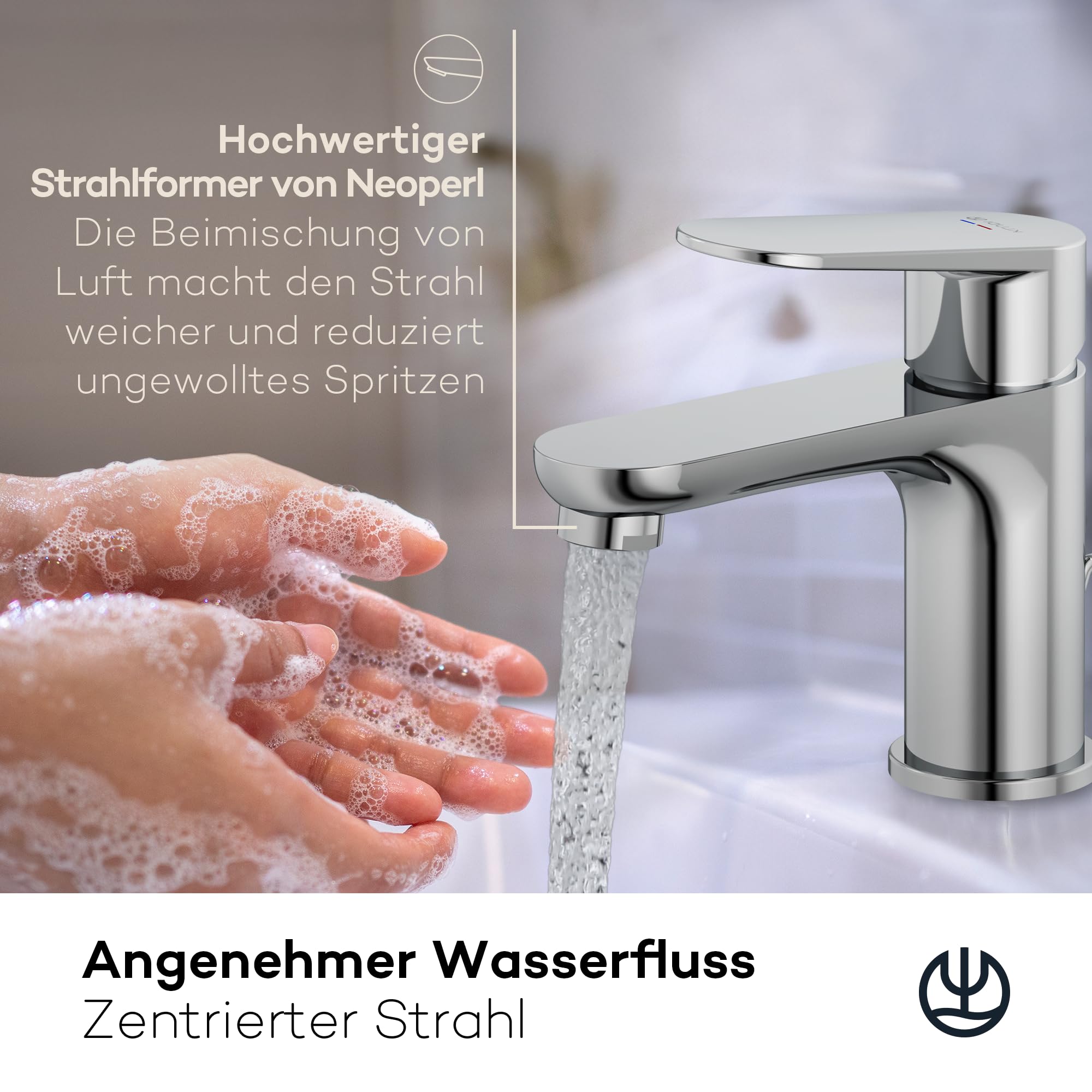 KLUDI-X1 Wasserhahn Bad mit Zugstangen-Ablauf, Auslaufhöhe 75 mm, wassersparende Waschtischarmatur Größe S, Keramikkartusche, Mischbatterie Waschbecken inkl. Anschlussschläuche in Chrom
