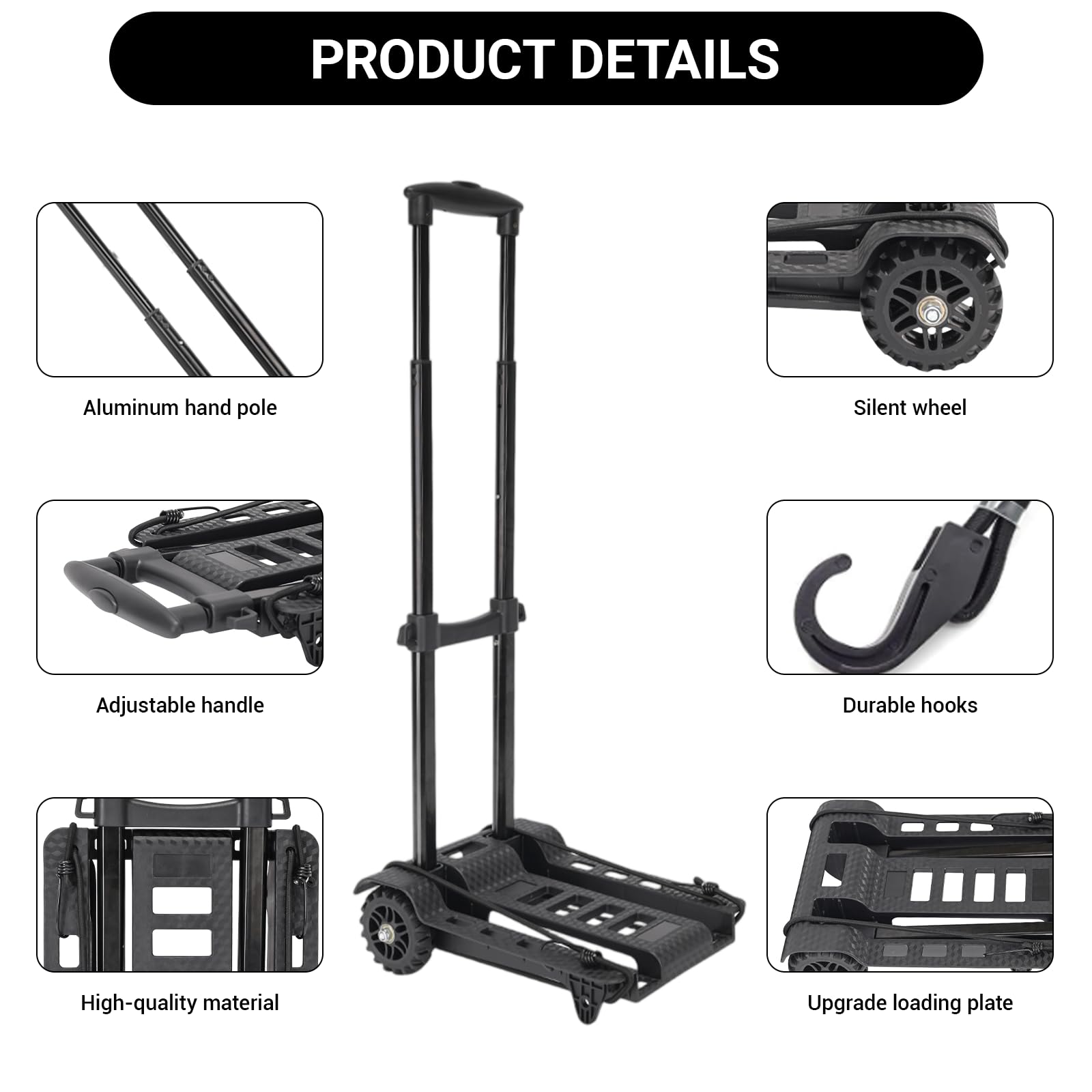 Diable Pliant en Aluminium 2 Roues,Diable Robuste Multifonction,Chariot à Bagages Portable,50KG Capacité,2 Cordons Elastiques pour Voyage, Voiture, Bureau