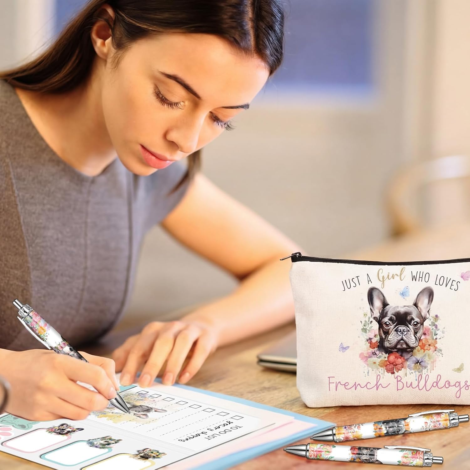 Eaasty French Bulldog Gifts for Women 8 Pcs Frenchie Gift Set Include 1 Sticky Note Pad, 1 Cosmetic Makeup Bag and 6 Pens, Gifts for Dog Lovers, Graduation, and Birthday image 5