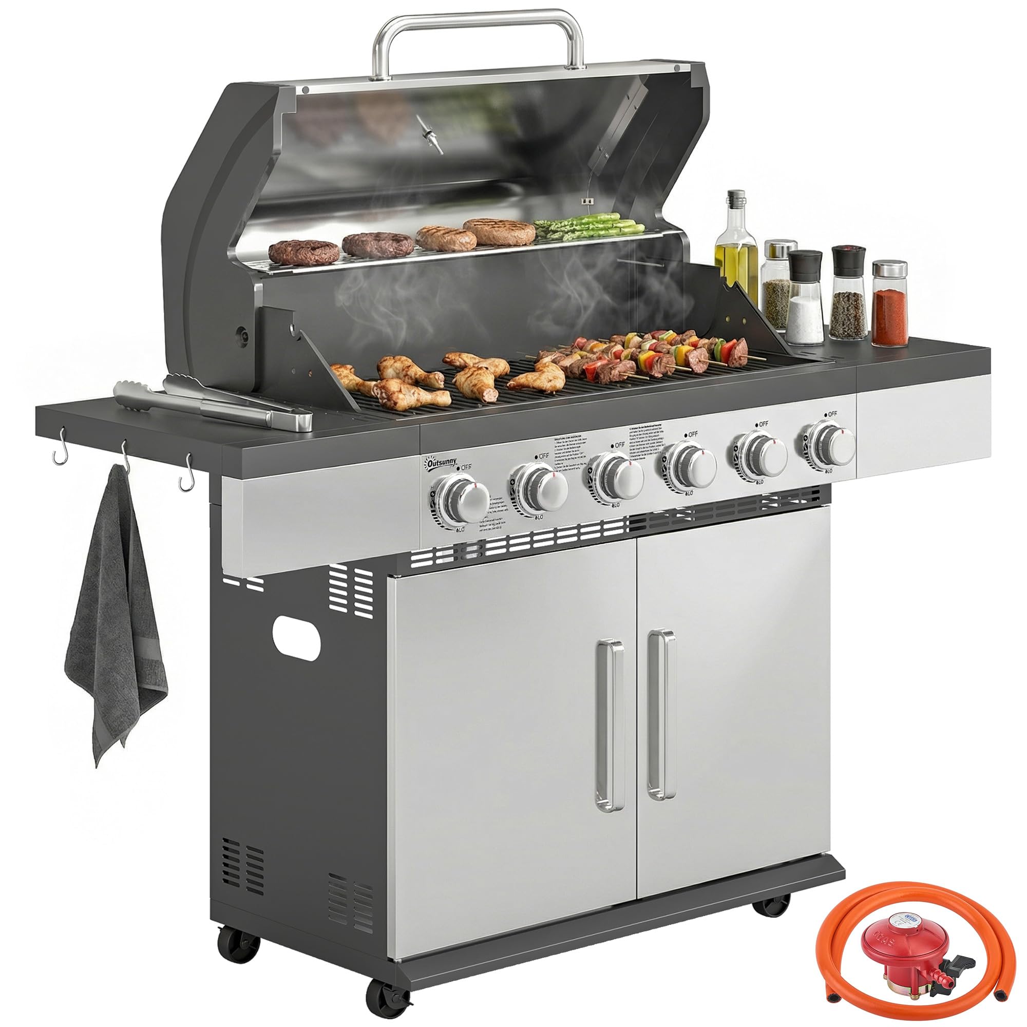 Outsunny Silver 6 Burner Liquid Propane Gas Bbq Grill, Outdoor Portable Gas Barbecue Grill With Warming Rack, Side Tables, Storage Cabinet, Thermometer, 4 Wheels, Grease Tray For Outdoor Cooking,