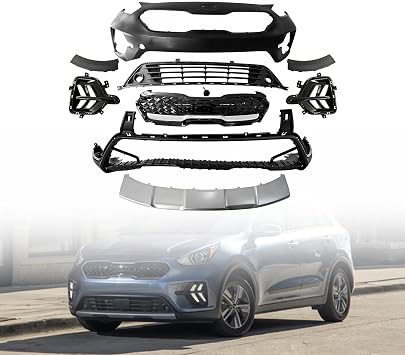 Kia Niro Hybrid Front Bumper Kit 2020-2021 | With Tow Hook Hole, Skid Plate & Grilles | Complete 10-Piece Cover Set