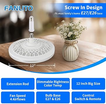 Light Socket Fan with Remote 12, Screw in Socket Fan Light with Dimmable Brightness and Color Temp, Socket Modern Flush Mount Low Profile Ceiling Fan for Bedroom, Small Living Room, Kitchen