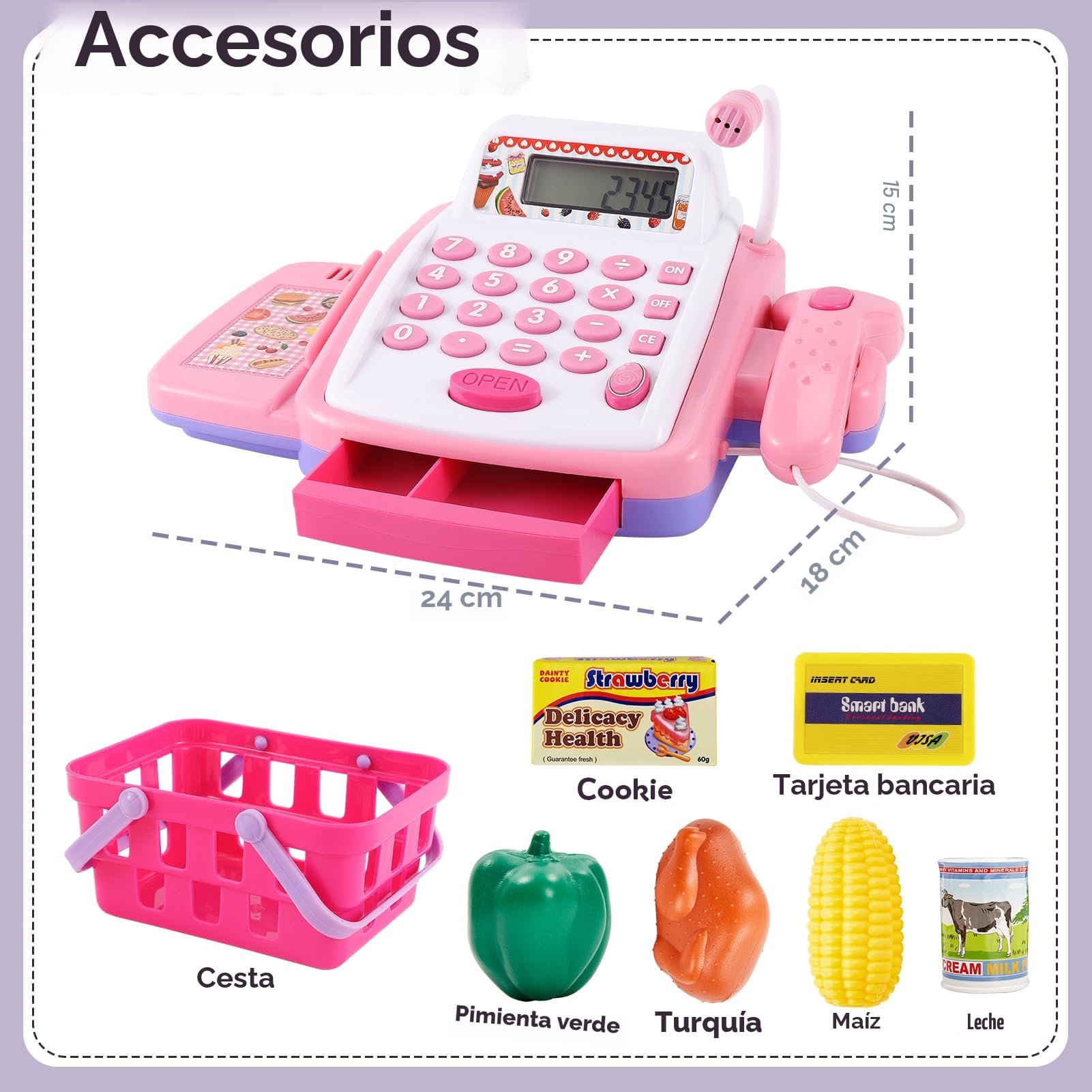 HYAKIDS Caja Registradora Juguetes 3 Años, Máquina Registradora Infantil con Luz y Sonido, Escáner, Supermercado Juguete Tienda Regalo para Niños Niñas Rosa