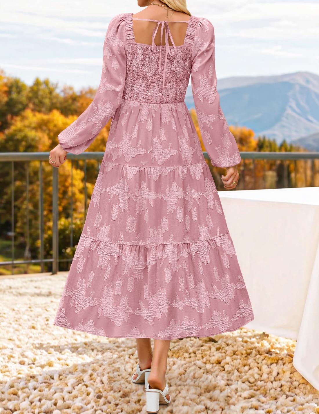 ZESICA Women's 2026 Spring Floral Midi Dress Long Sleeve Smocked Flowy Long Wedding Guest Vacation Dresses - Image 4