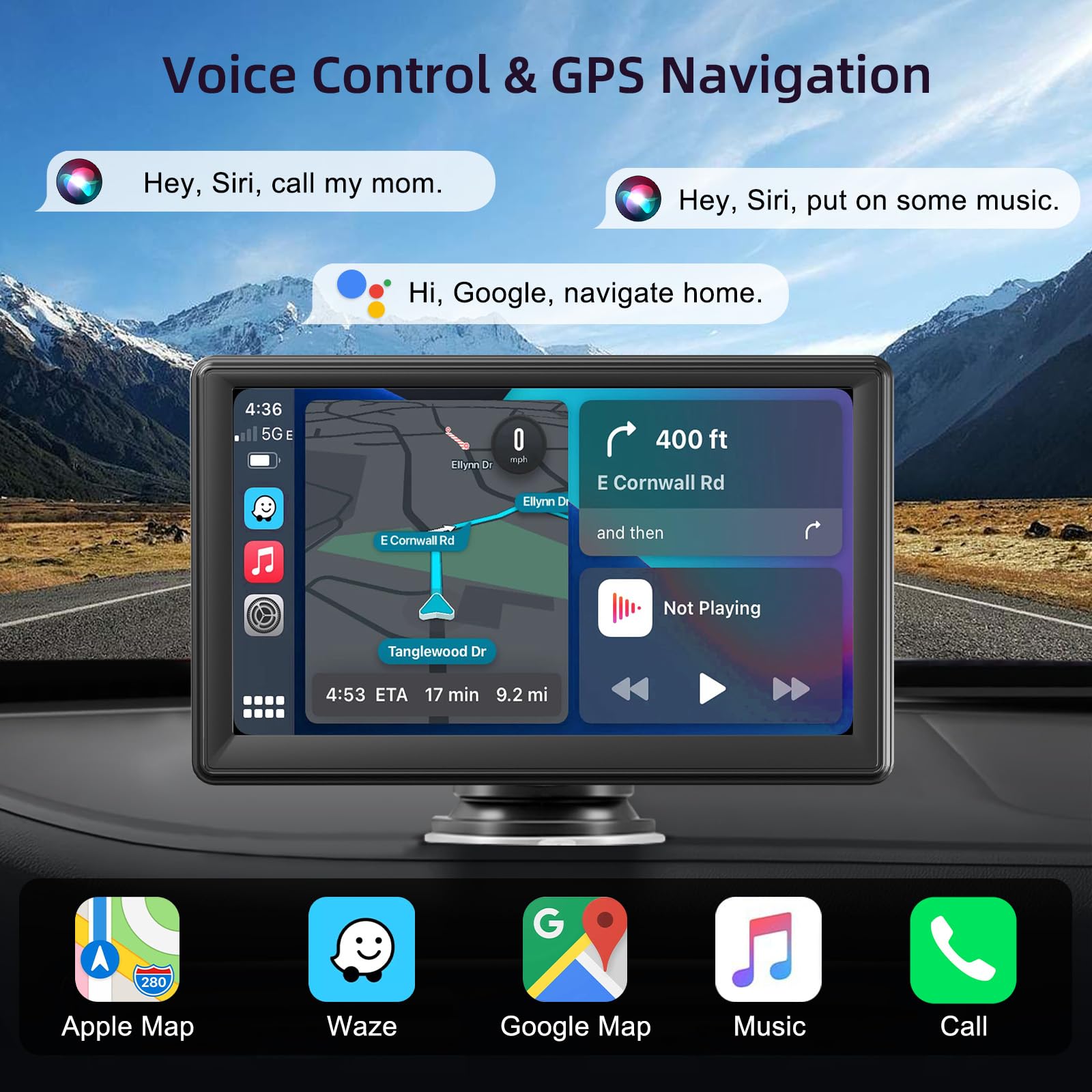 Pantalla Coche, 7" Pantalla Carplay Coche para A-pple y Android con HD Pantalla Tactil, Inalámbrica, Navegación GPS, Bluetooth, Control por Voz Manos Libres, Mirror Link, AUX, FM, Siri & G-oogle