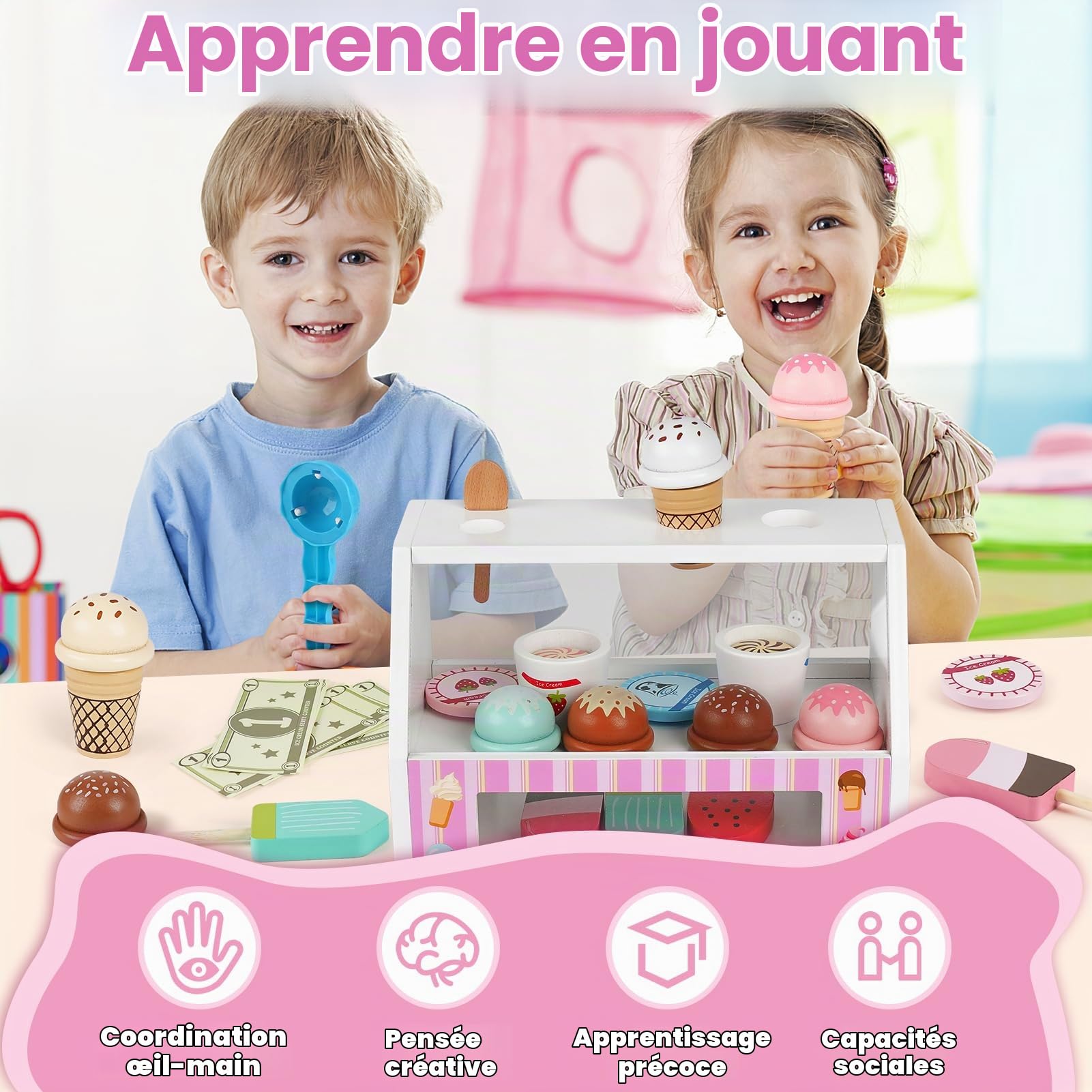 Dreamon Marchand de Glace, 38 Pièces Jouet en Bois Jouet Enfant 3 Ans, Jeu de Role Magasin Enfant Jouet Montessori Jouet Fille 3-12 Ans