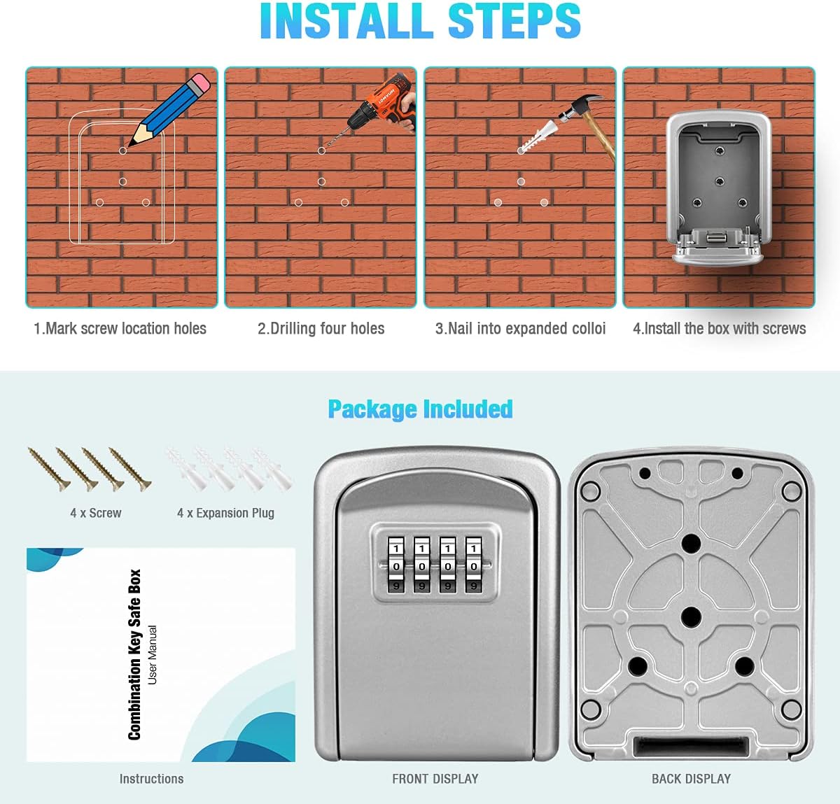 HUANLANG Key Lock Box for Outside Lockbox for Keys Outdoor 4-Digit Combination Lock Box Wall Mount Waterproof Portable Security Key Storage for House Realtor Contractors Warehouse : Office Products