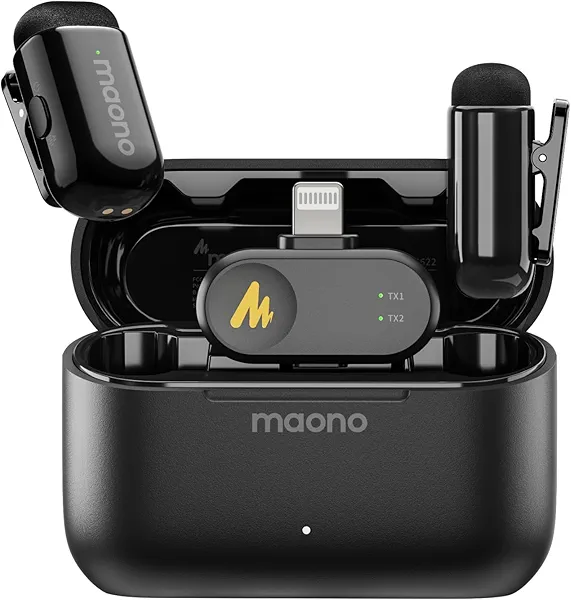 MAONO Wave T1 Mini Wireless Lavalier Microphone for iPhone iPad with MFi Certified Lightning Plug, Noise Cancellation, AI Voice Filter, 30H Used with Charging Case for Video Recording Vlog T