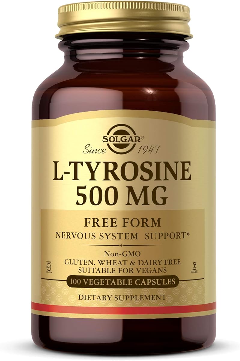 Solgar L-Tyrosine 500 mg, 100 Vegetable Capsules - Brain & Nervous System Support - Vegan, Gluten Free, Dairy Free, Kosher - 100 Servings ,Standard Packaging