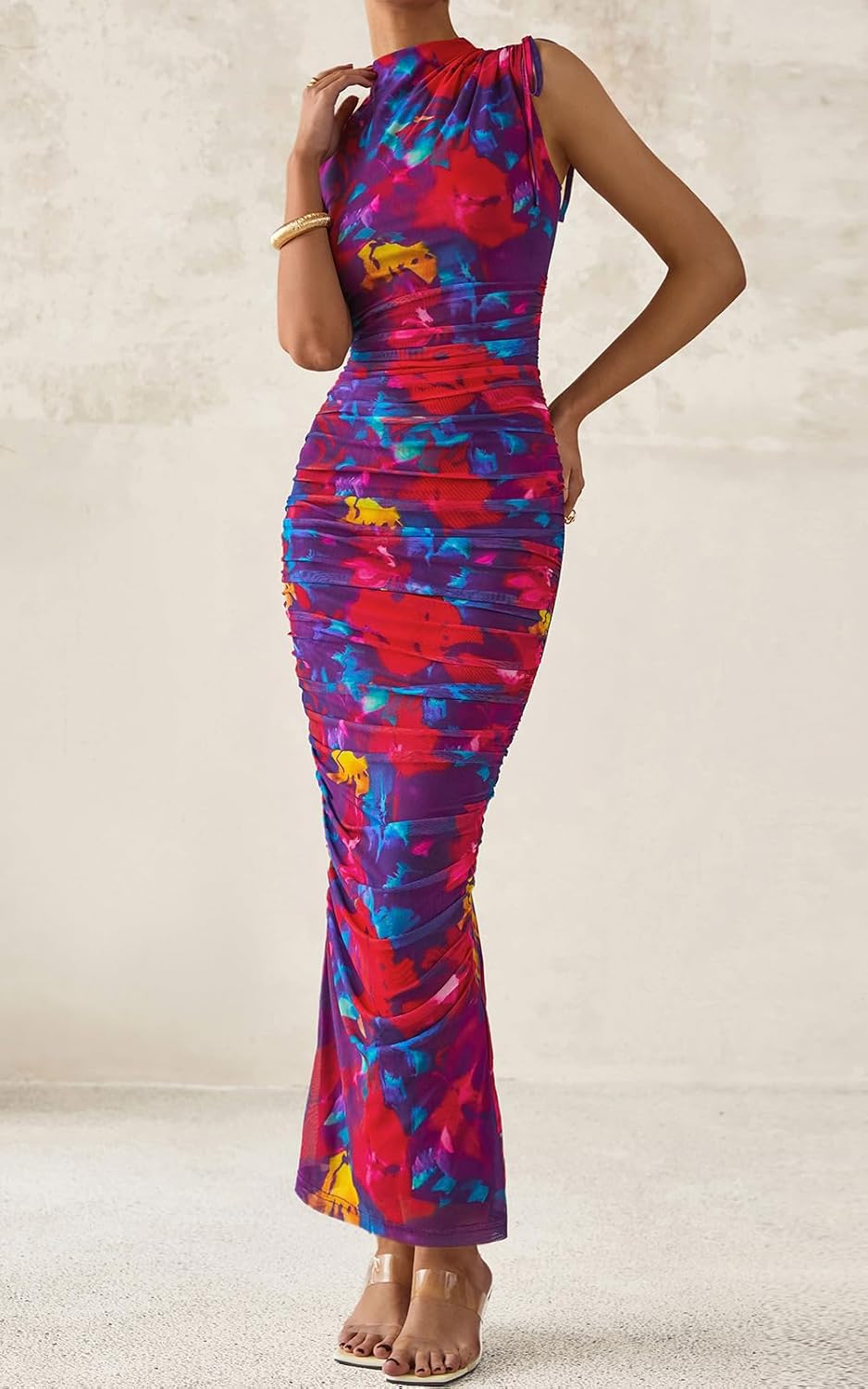 PRETTYGARDEN Women's Summer Maxi Floral Dresses Ruched Bodycon Sleeveless Mesh Formal Wedding Guest Cocktail Split Long Dress - Image 4