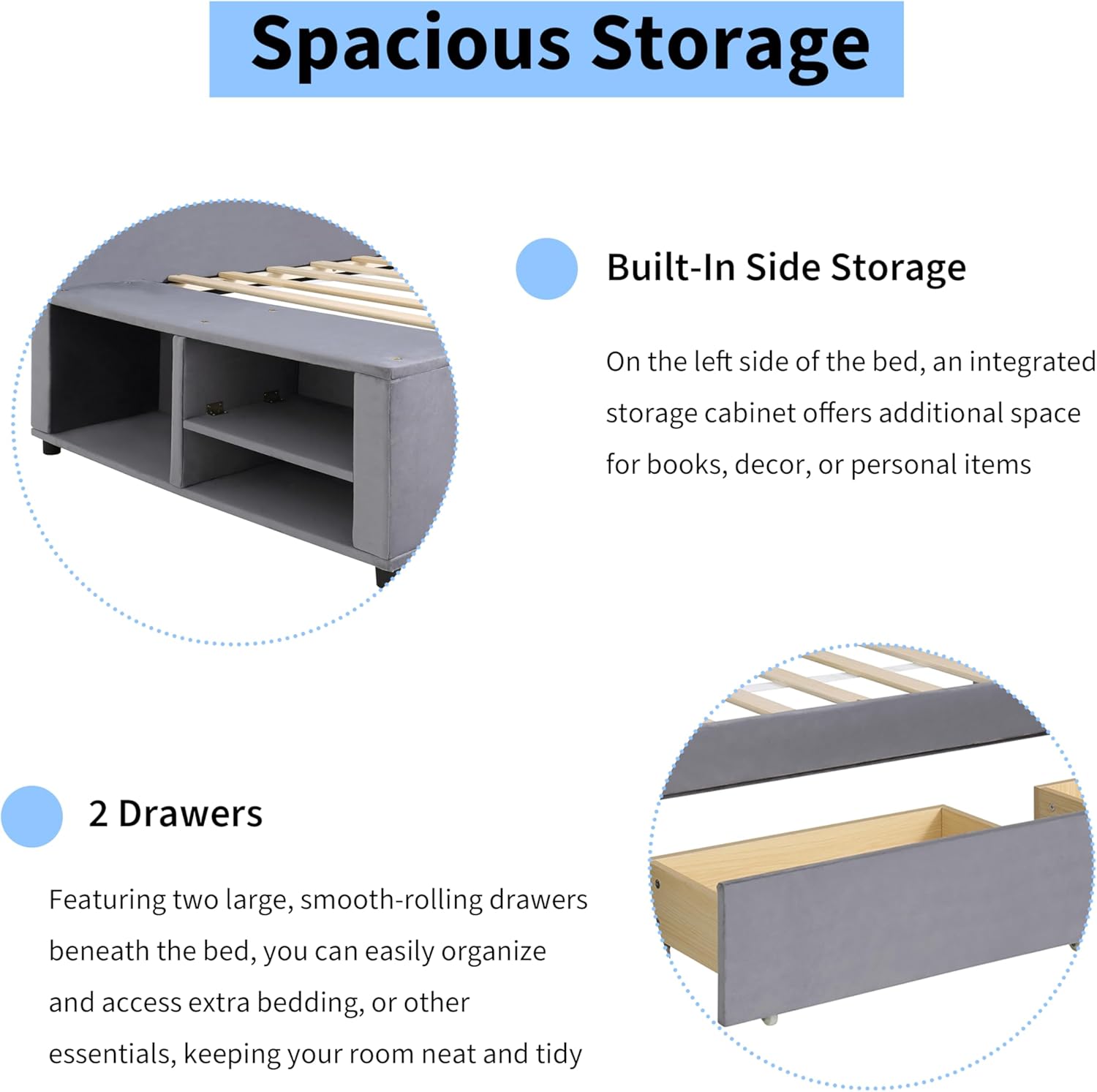 Close-up view of the Polibi bed's built-in side storage and pull-out drawers