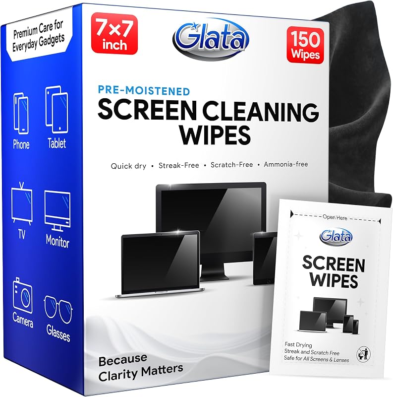 Toallitas para pantalla (paquete de 150) - Toallitas electrónicas grandes de 7"x7", limpiador de pantalla de computadora para electrónica, computadora portátil, teléfono, tableta, monitor y automóvil - Toallitas para lentes envueltas individualmente - Microfibra incluida