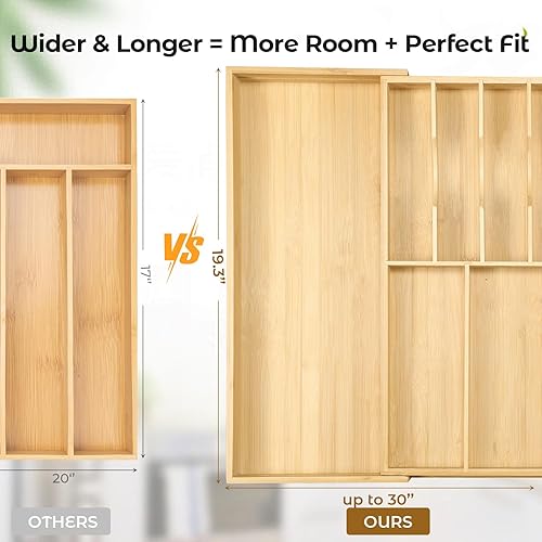 Miniatura 4 de Fabsome Organizador de cubiertos para cajón de gabinete, expandible de 16.7 a 30 pulgadas de ancho, bandeja de cubiertos de madera de bambú para