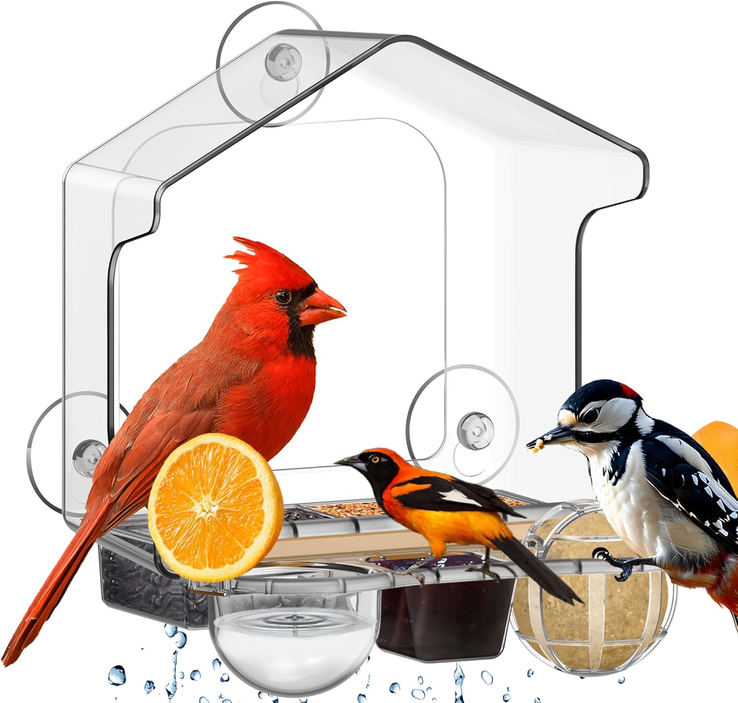 LUJII 6-in-1 Window Bird Feeder with Strongest Suction Cups, All-in-one Feeder for Bird Seed, Suet Ball, Mealworm, Oriole Orange Fruit, Jam or Water, Easy to Clean with 2 Removable Trays, Clear