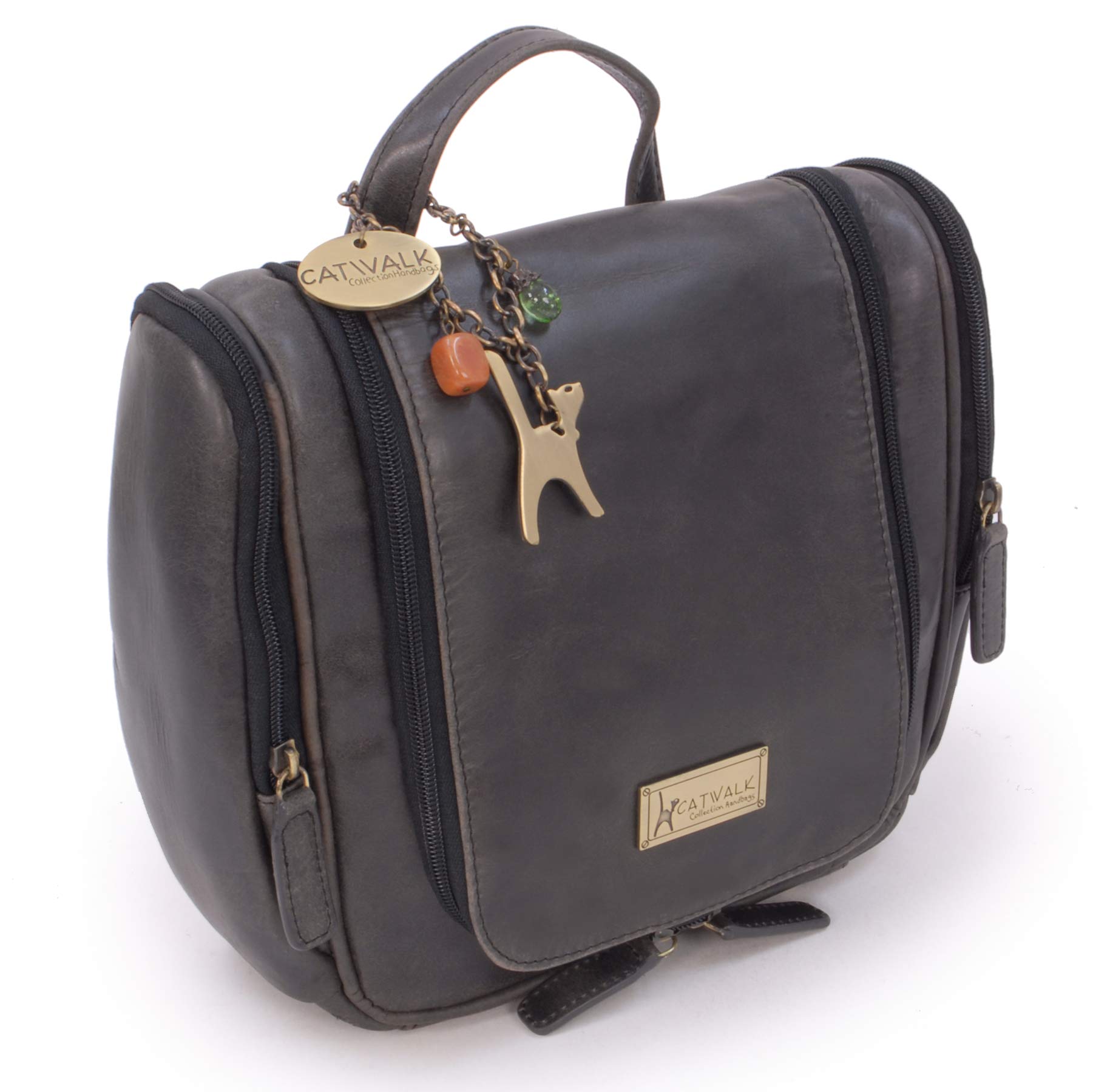 Catwalk Collection Handbags - Grande Neceser de Viaje de Piel - Bolso de Aseo Colgante - Bolso de Baño para Mujer - con Gancho - Maisie - Negro