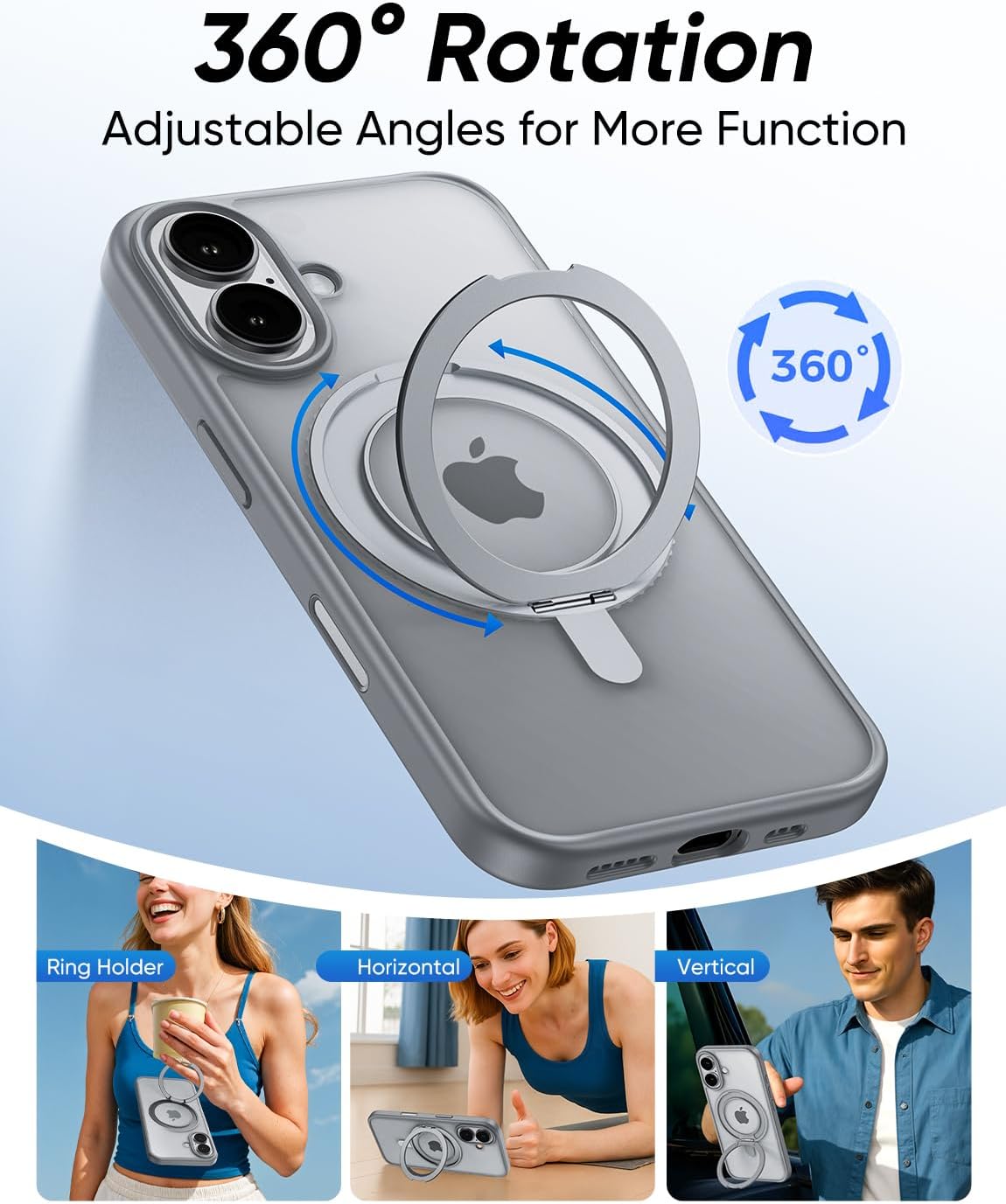 MAGIC JOHN 360° Rotatable Magnetic Invisible Stand for iPhone 16 Case [Camera Control Button] [Compatible with MagSafe] 16FT Shockof for iPhone 16 Case with Kickstand, Gray - Image 2